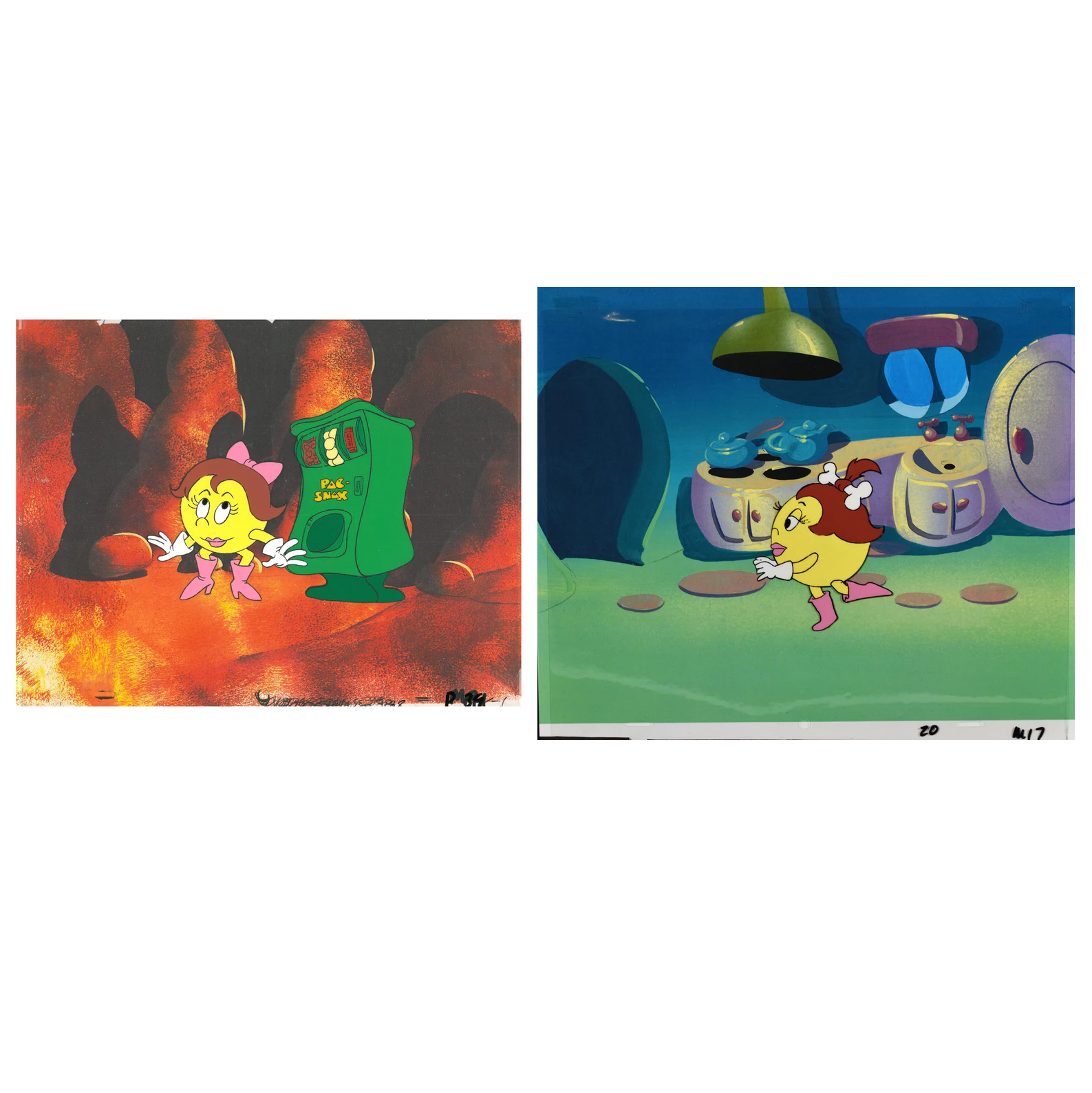A Set of Pac-Man Original Production Cel of Mrs. Pepper Pac-Man With Drawing