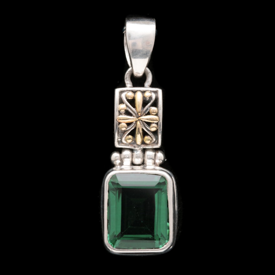 Sterling Silver, 18K Yellow Gold and Green Quartz Pendant