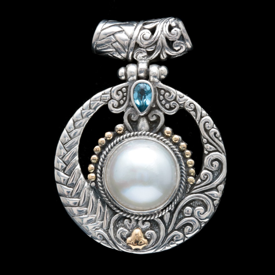 Sterling Silver, 18K Yellow Gold, Mabé Pearl and Blue Topaz Pendant