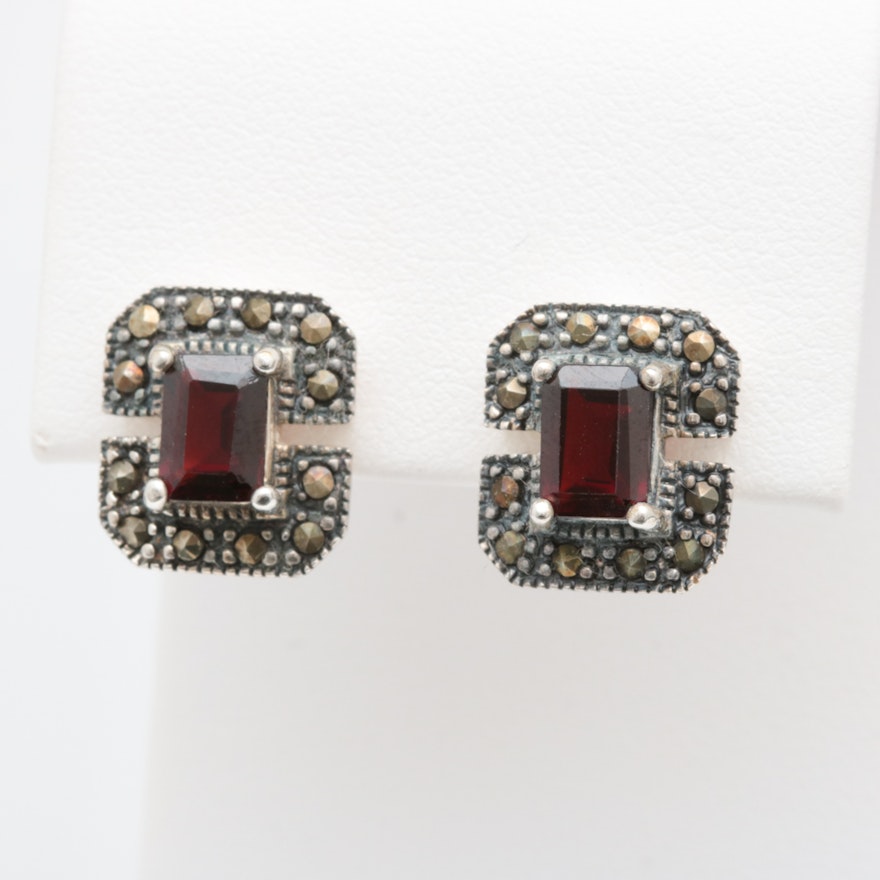 Sterling Silver, Garnet and Marcasite Earrings