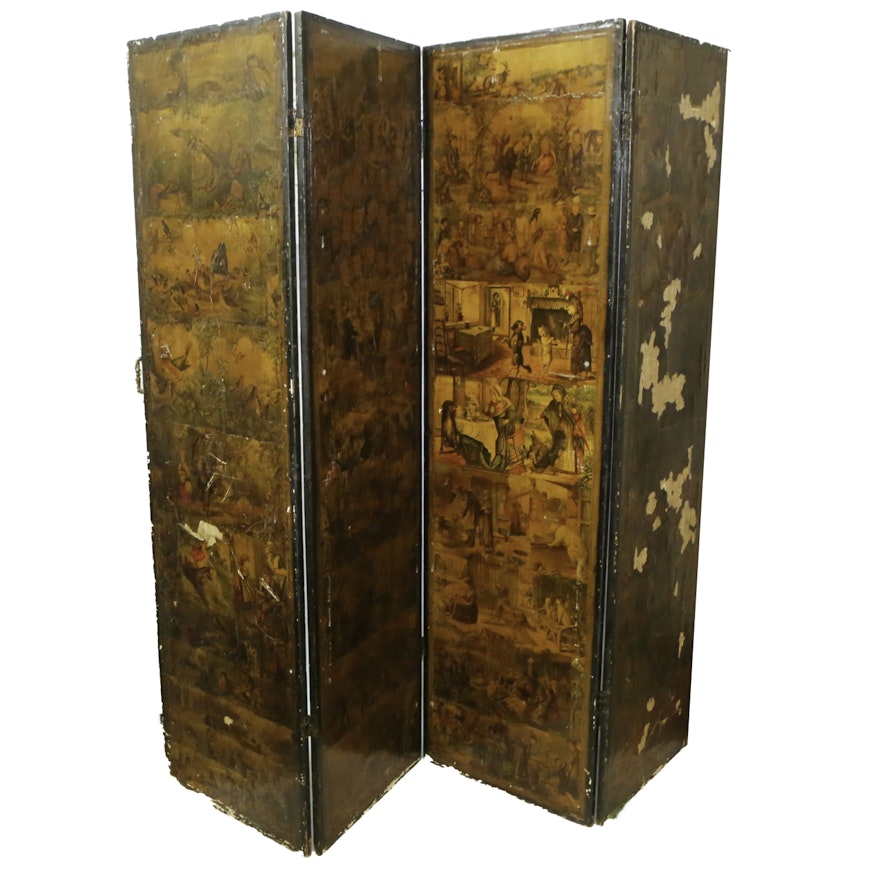 Antique Wood Folding Screen with Chromo-Lithograph Illustrations