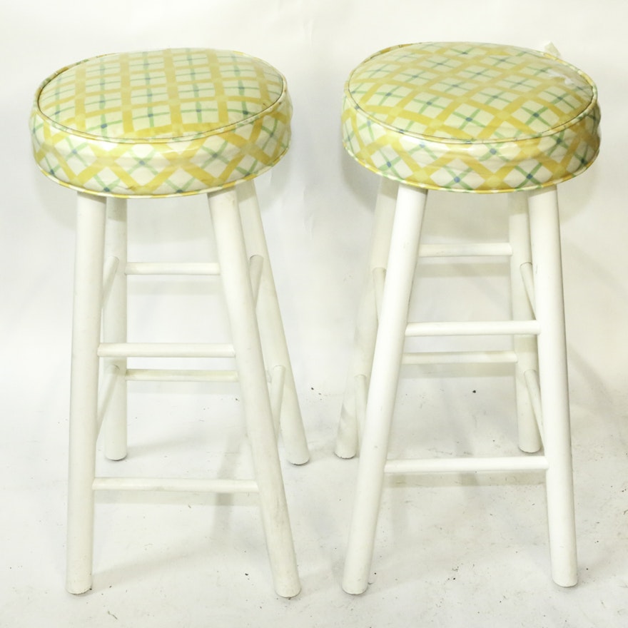 Pair of Painted Bar Stools with Vinyl Plaid Cushions