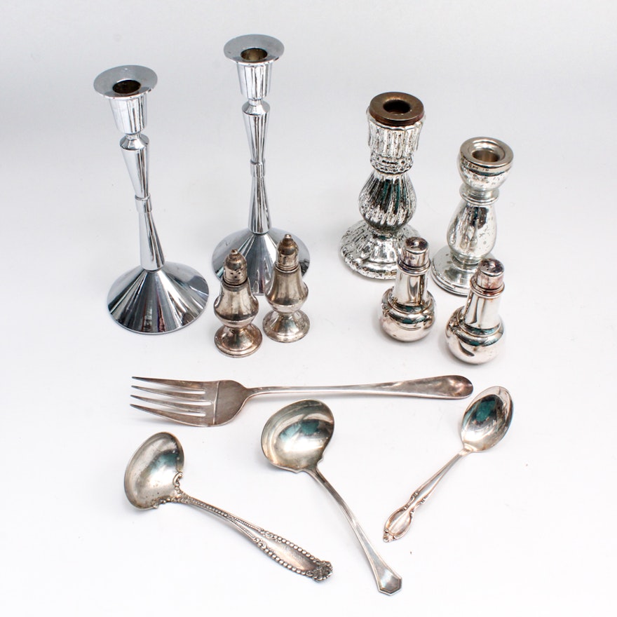 Raimond Weighted Sterling Shakers and Silver Plate Serving Utensils