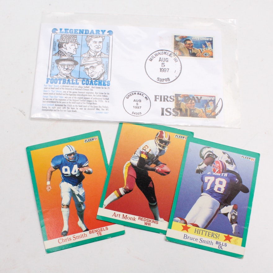 Vince Lombardi First Day of Issue Cover and Three Fleer 1991 Football Cards