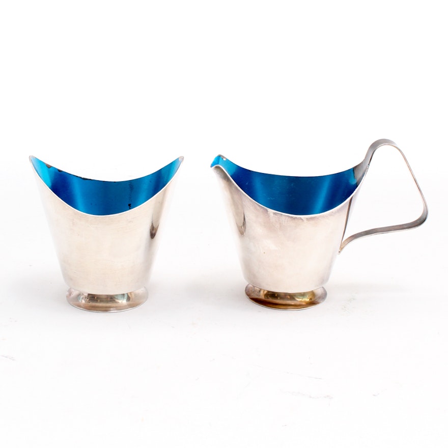 Danish Modern Silver Plate and Blue Enamel Sugar and Creamer Set