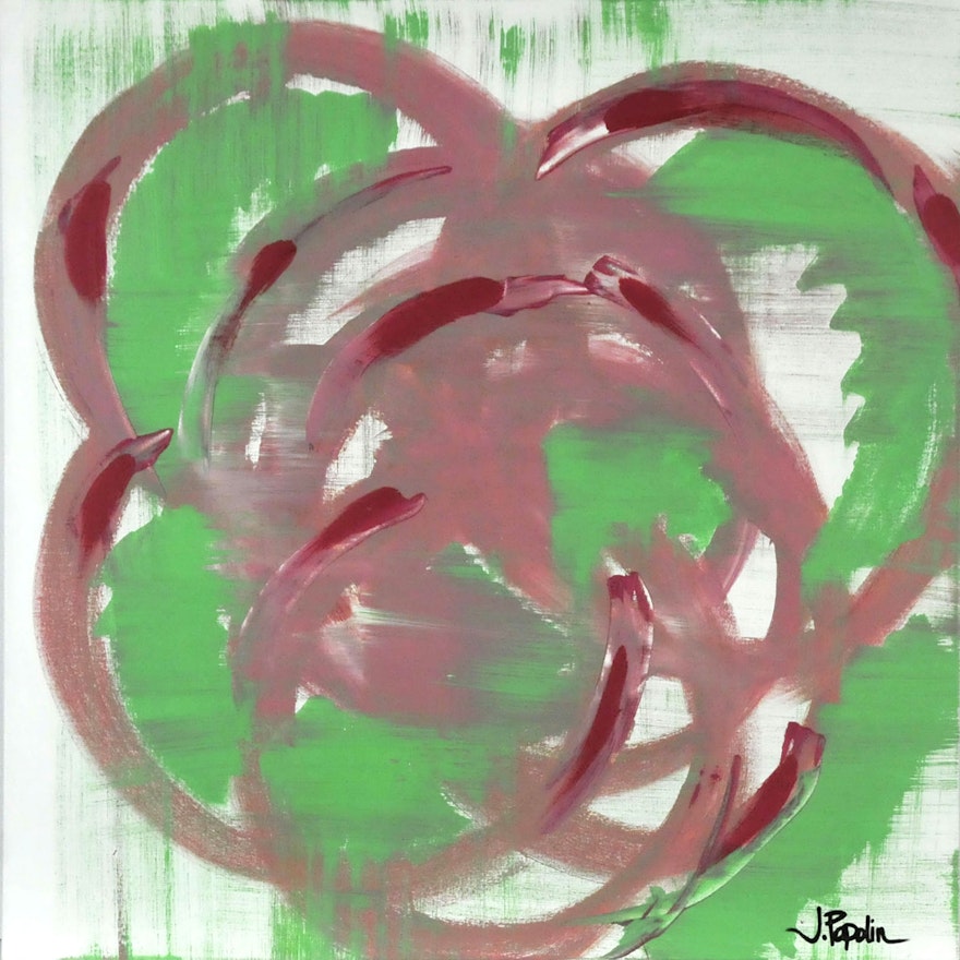 J. Popolin Original Acrylic on Canvas "Green, Pink and Red Swirls"