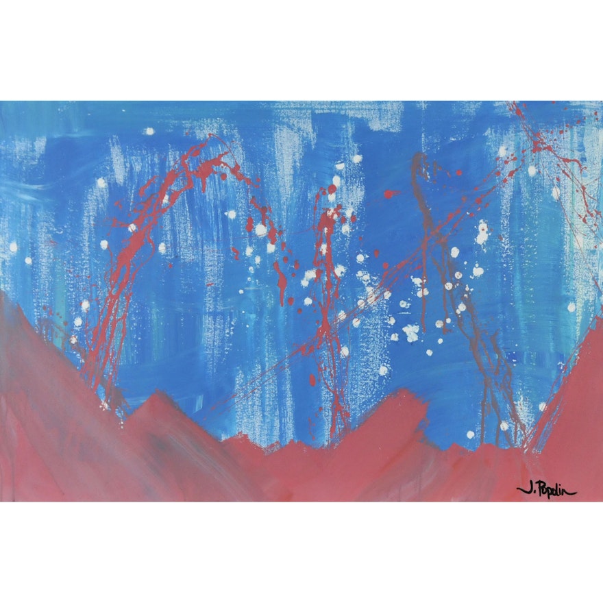 J. Popolin Original Acrylic on Canvas "Blue with Pink and White Dots"