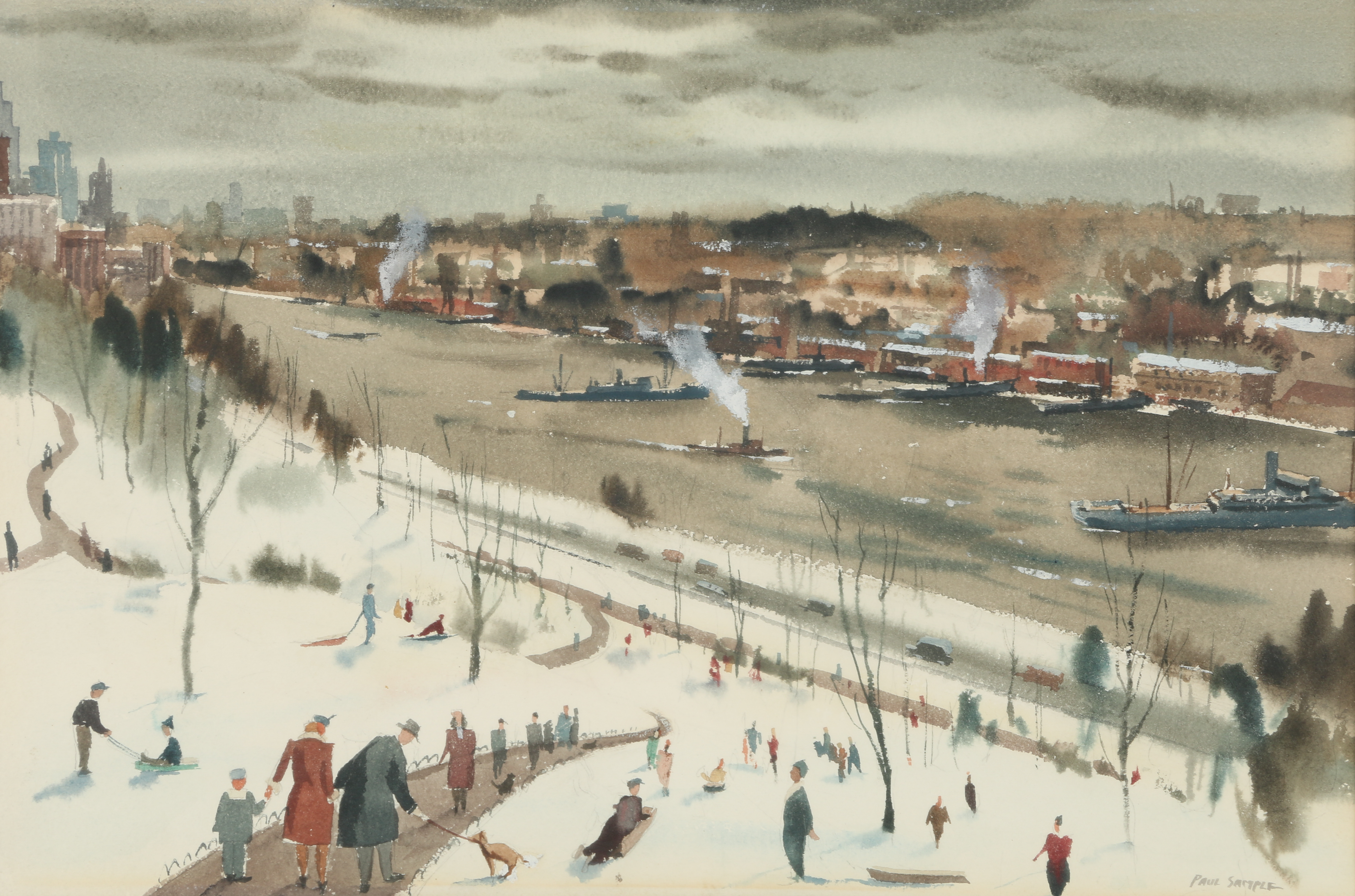 Paul Sample Watercolor Painting "The Upper Hudson - Walking on a Sunday"