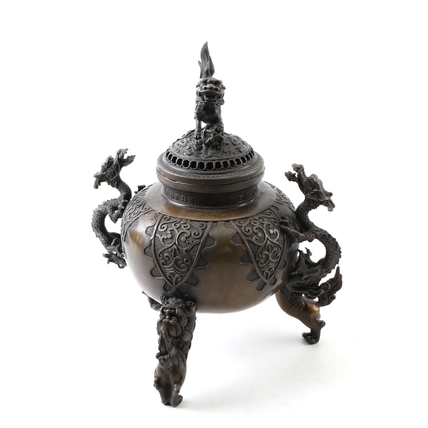 Chinese Bronze Censer in a Dragon and Guardian Lion Motif