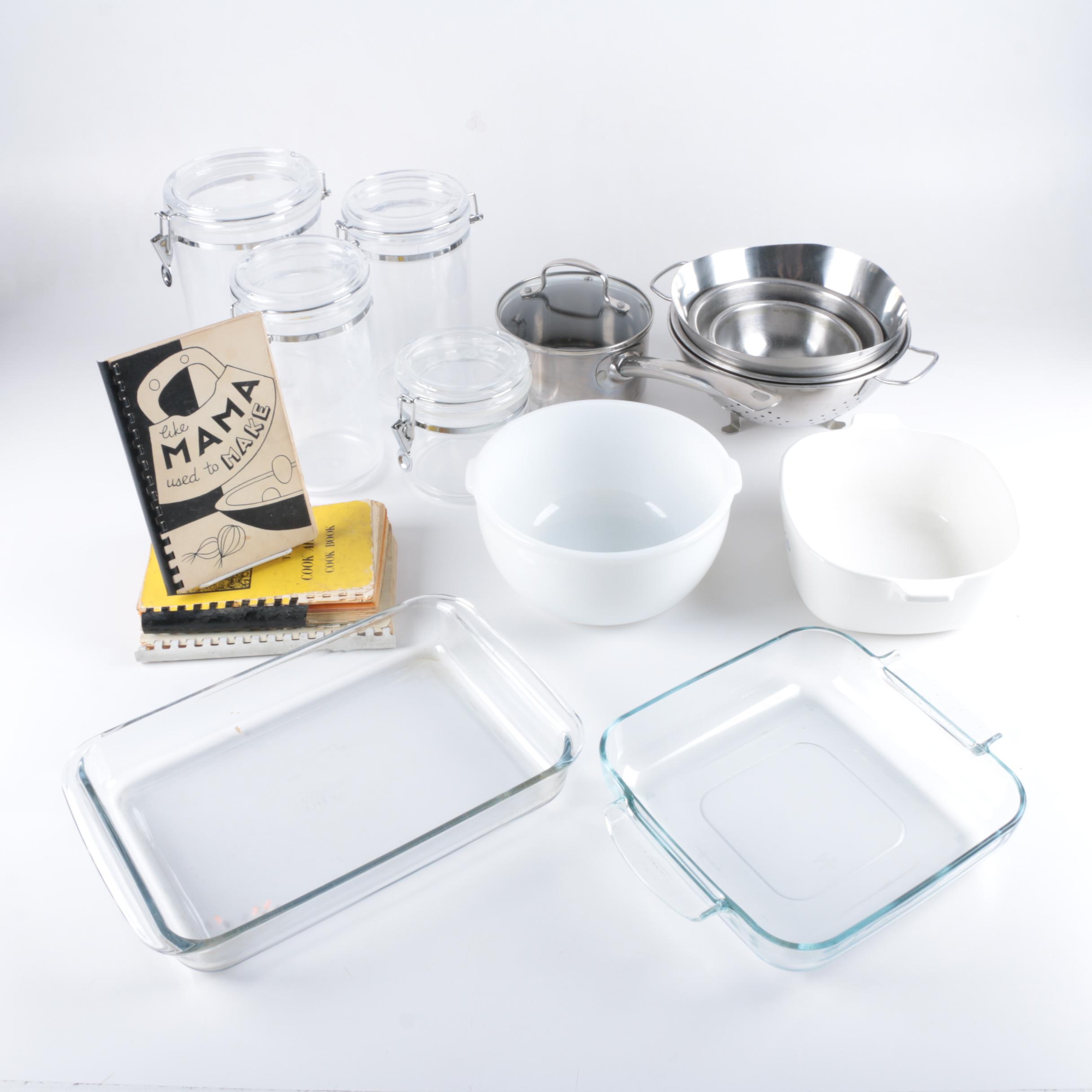 Kitchenware Featuring Pyrex, Corningware and Cookbooks