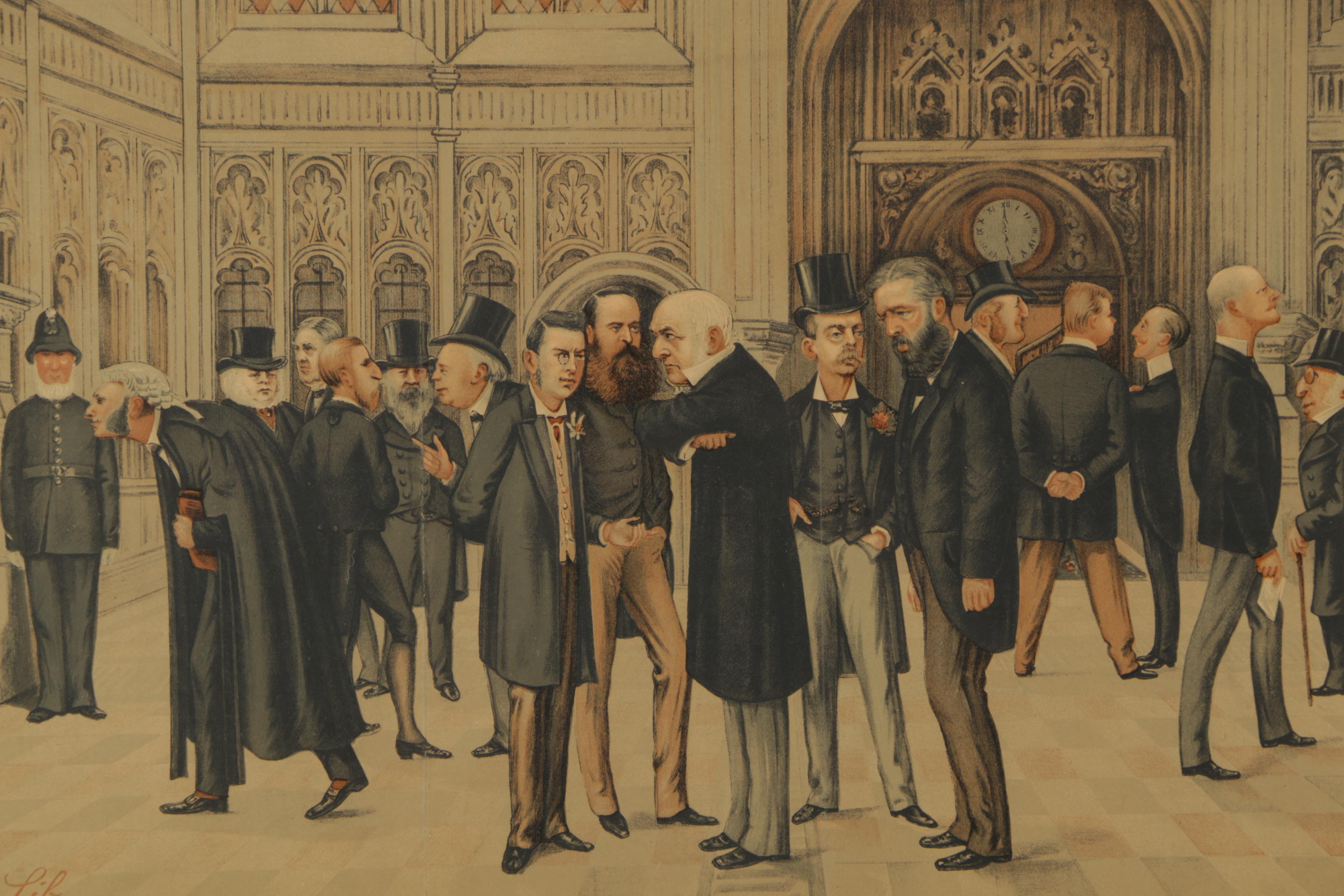 Color Lithograph After Liborio Prosperi "The Lobby of the House of Commons 1886"