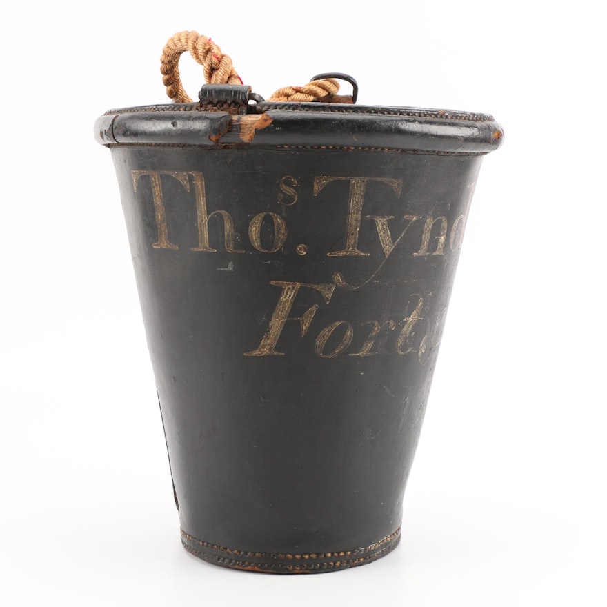 "Thos. Tyndall Esqr." Black Leather Reproduction Fire Bucket with Rope Handle