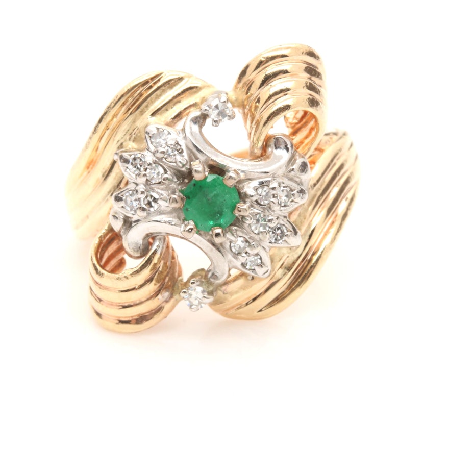 Vintage 14K Yellow Gold Diamond and Emerald Ring