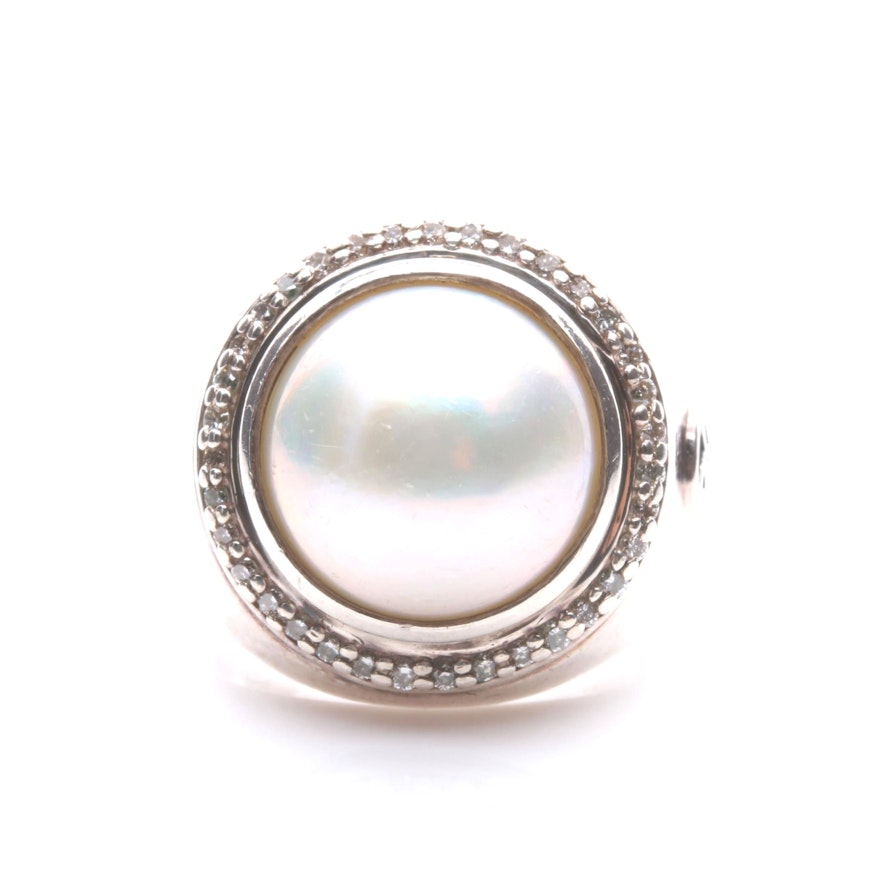 David Yurman Sterling Silver Cultured Mabé Pearl and Diamond Ring