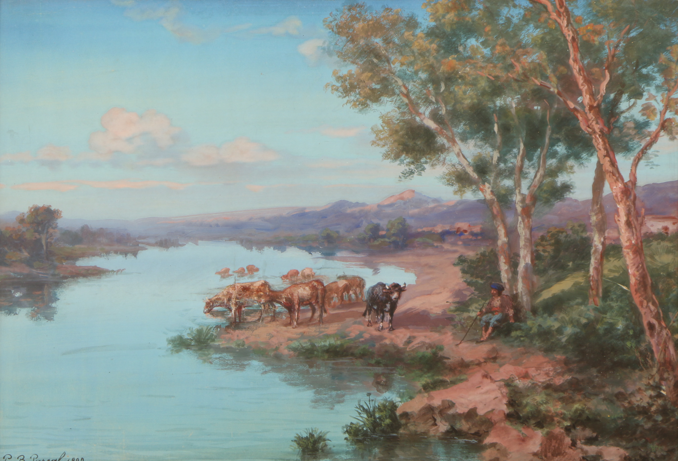 Paul B Pascal Gouache and Watercolor Painting "The Cowherd"