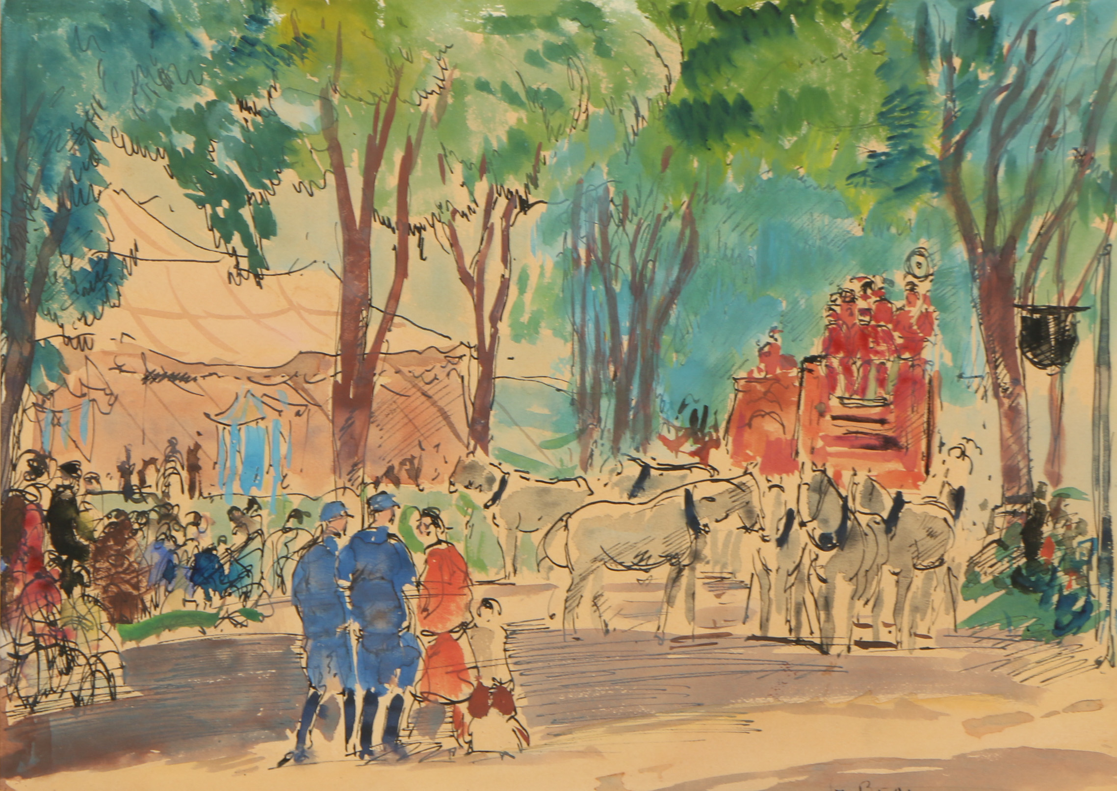 Gifford Beal Ink and Watercolor Painting "Outside the Circus"