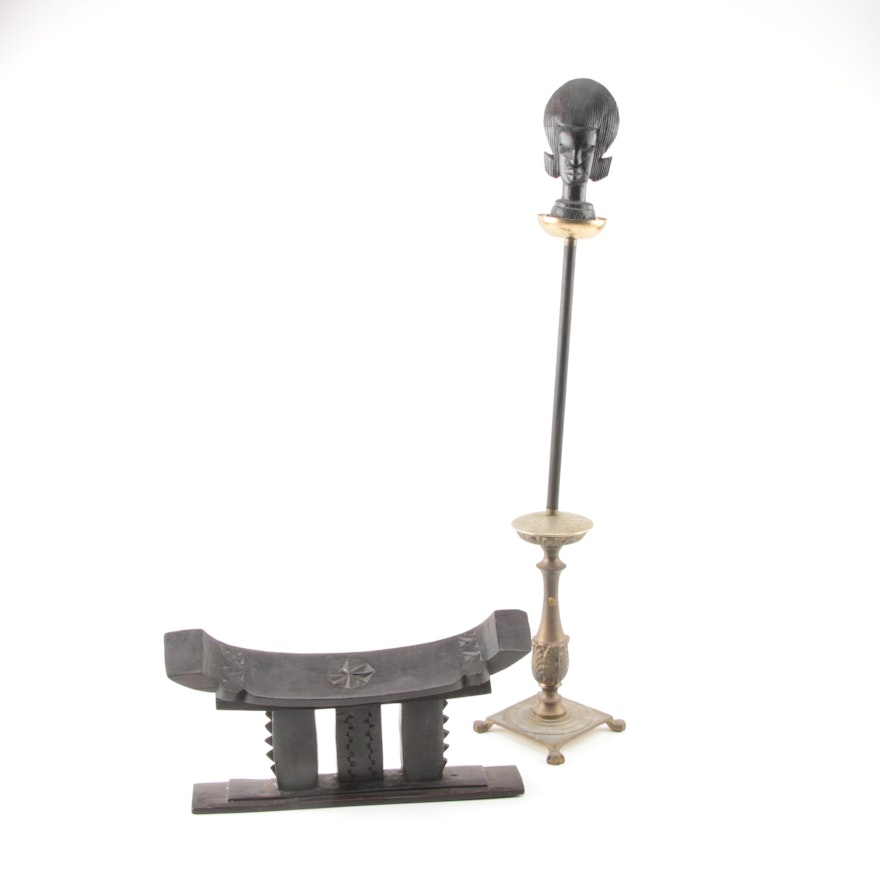 African Carved Wood Stand, Figurine, and Metal Stand