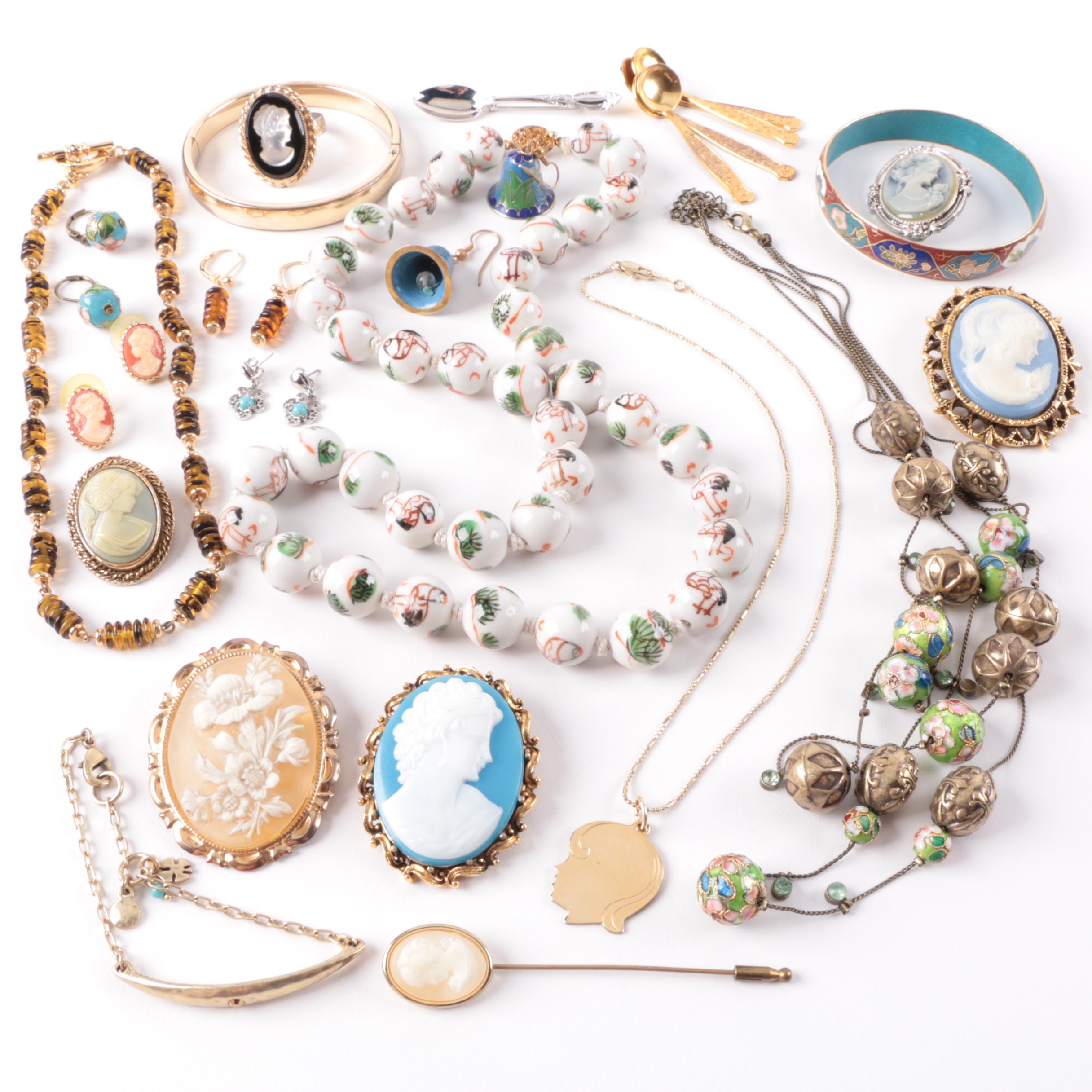 Costume Jewelry Selection Including Cloissonné Enamel and Forstner Charm