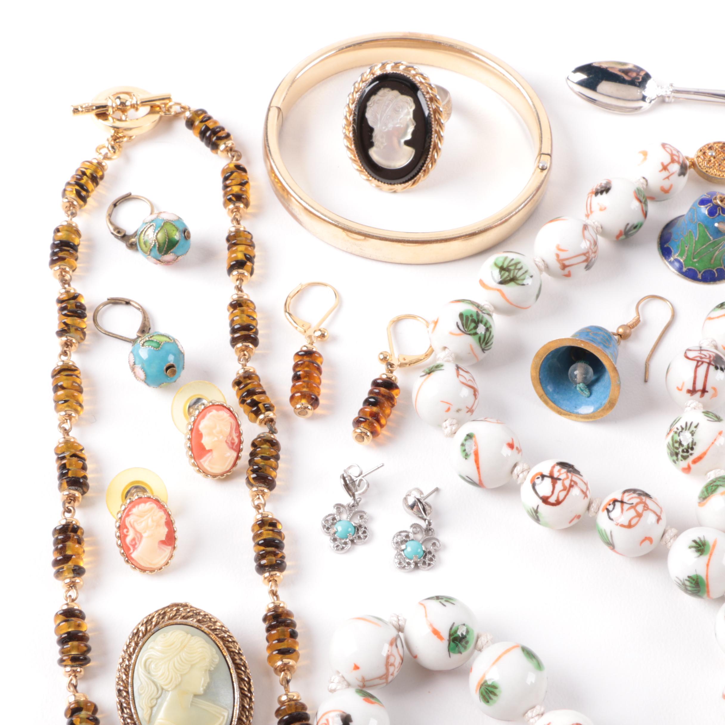 Costume Jewelry Selection Including Cloissonné Enamel and Forstner Charm