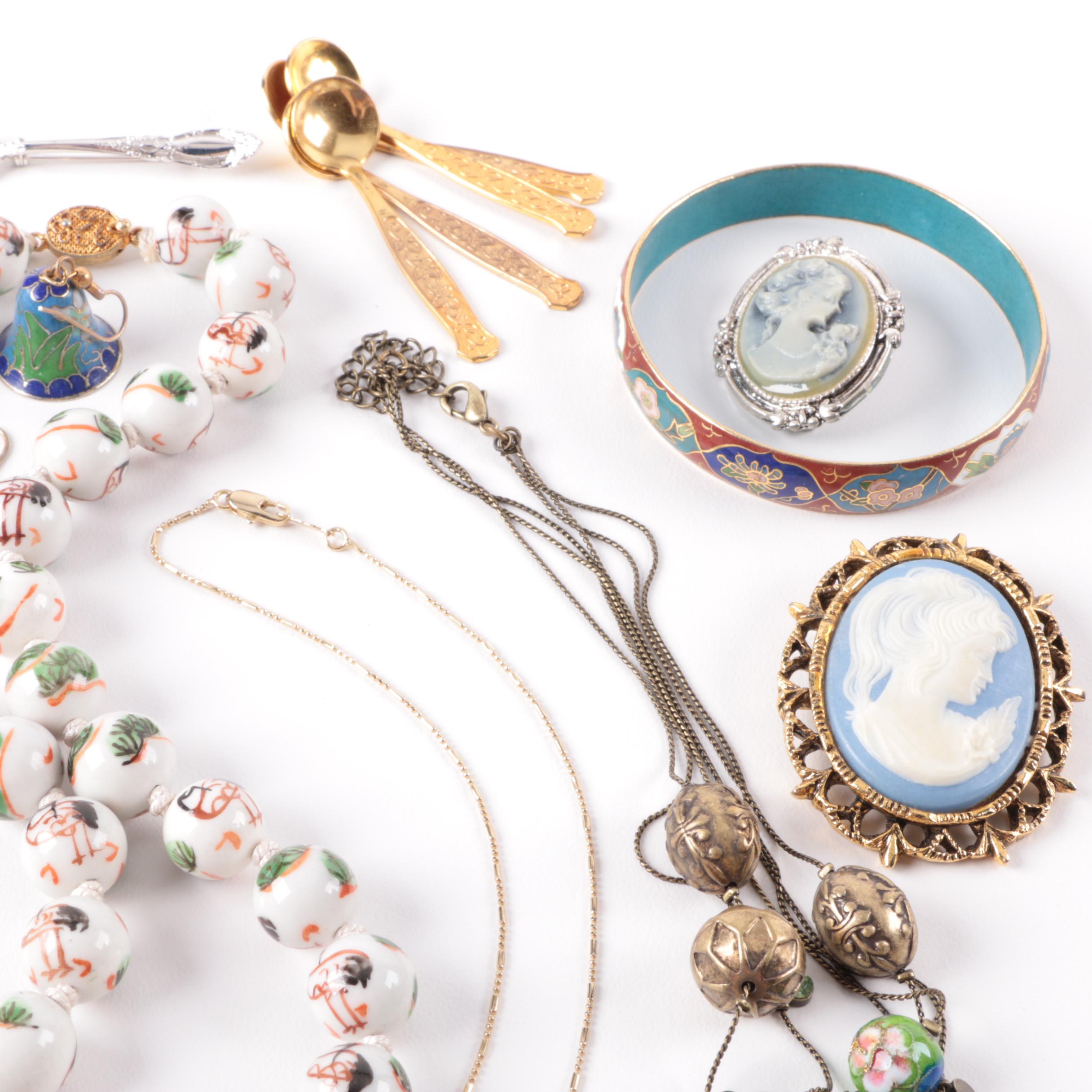 Costume Jewelry Selection Including Cloissonné Enamel and Forstner Charm
