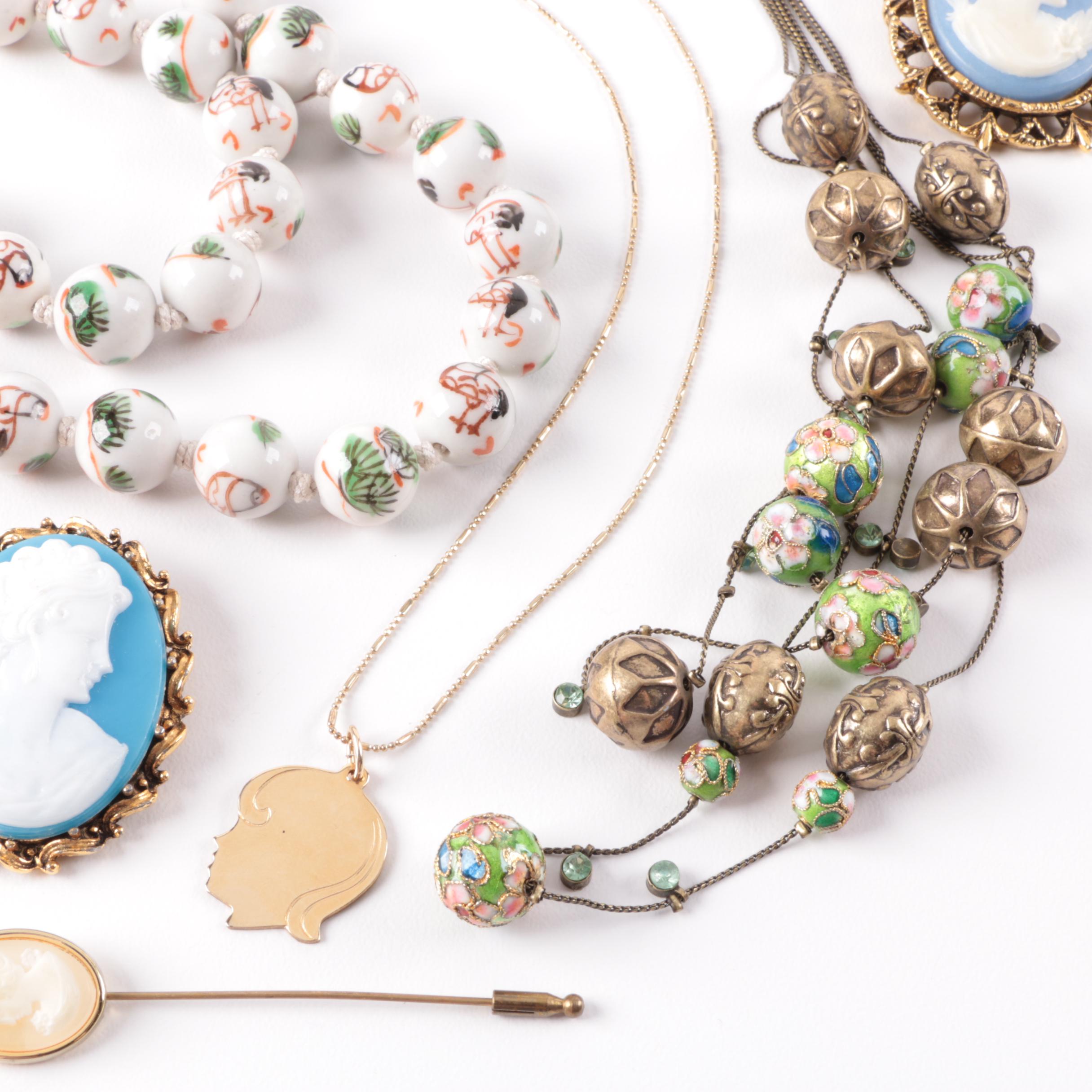 Costume Jewelry Selection Including Cloissonné Enamel and Forstner Charm