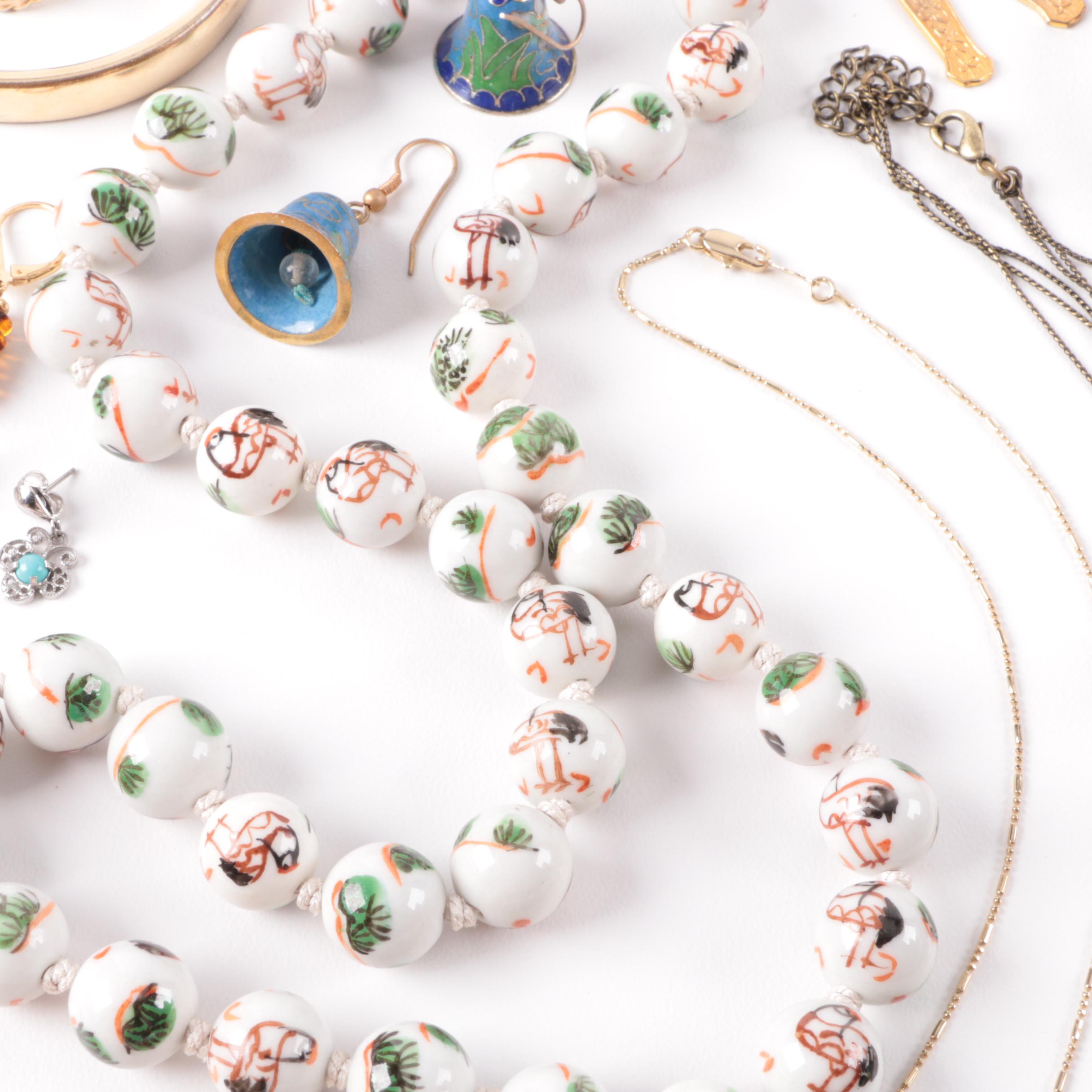 Costume Jewelry Selection Including Cloissonné Enamel and Forstner Charm
