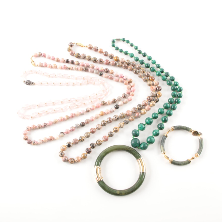 Jasper, Malachite, and Rose Quartz Jewelry Selection Including Sterling Silver