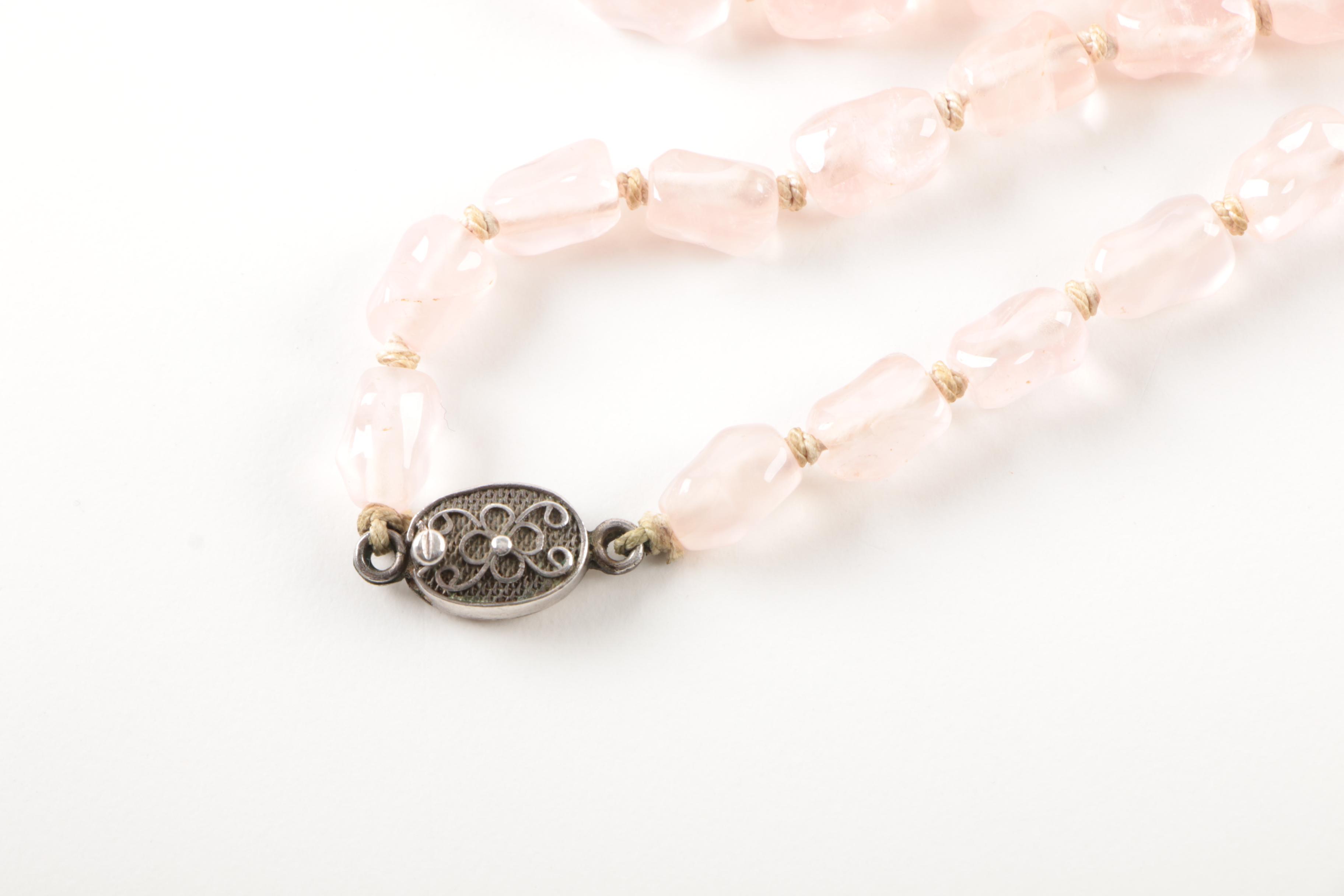 Jasper, Malachite, and Rose Quartz Jewelry Selection Including Sterling Silver