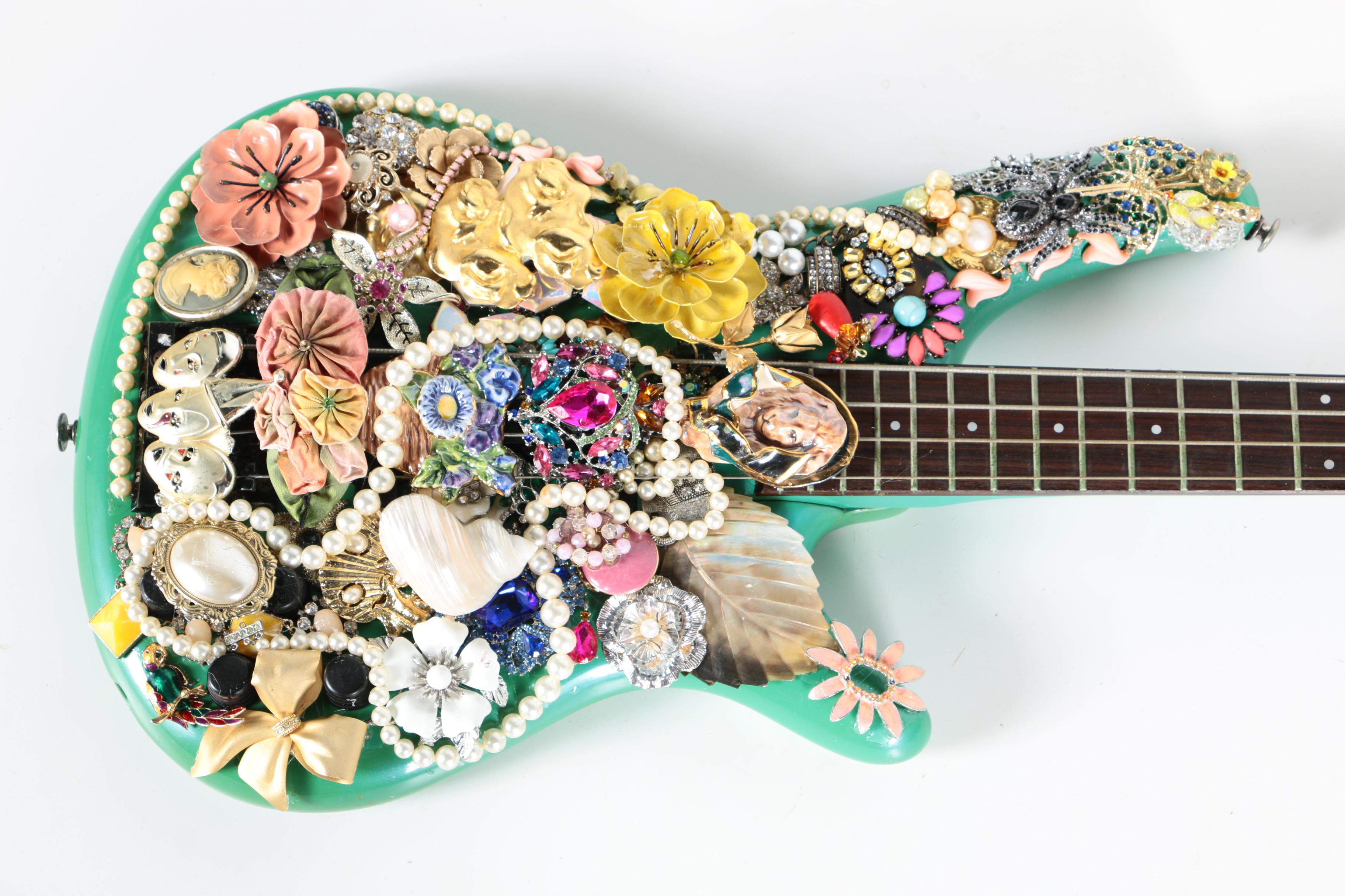 Decorative Ibanez Soundgear Electric Bass Embellished with Vintage Brooches