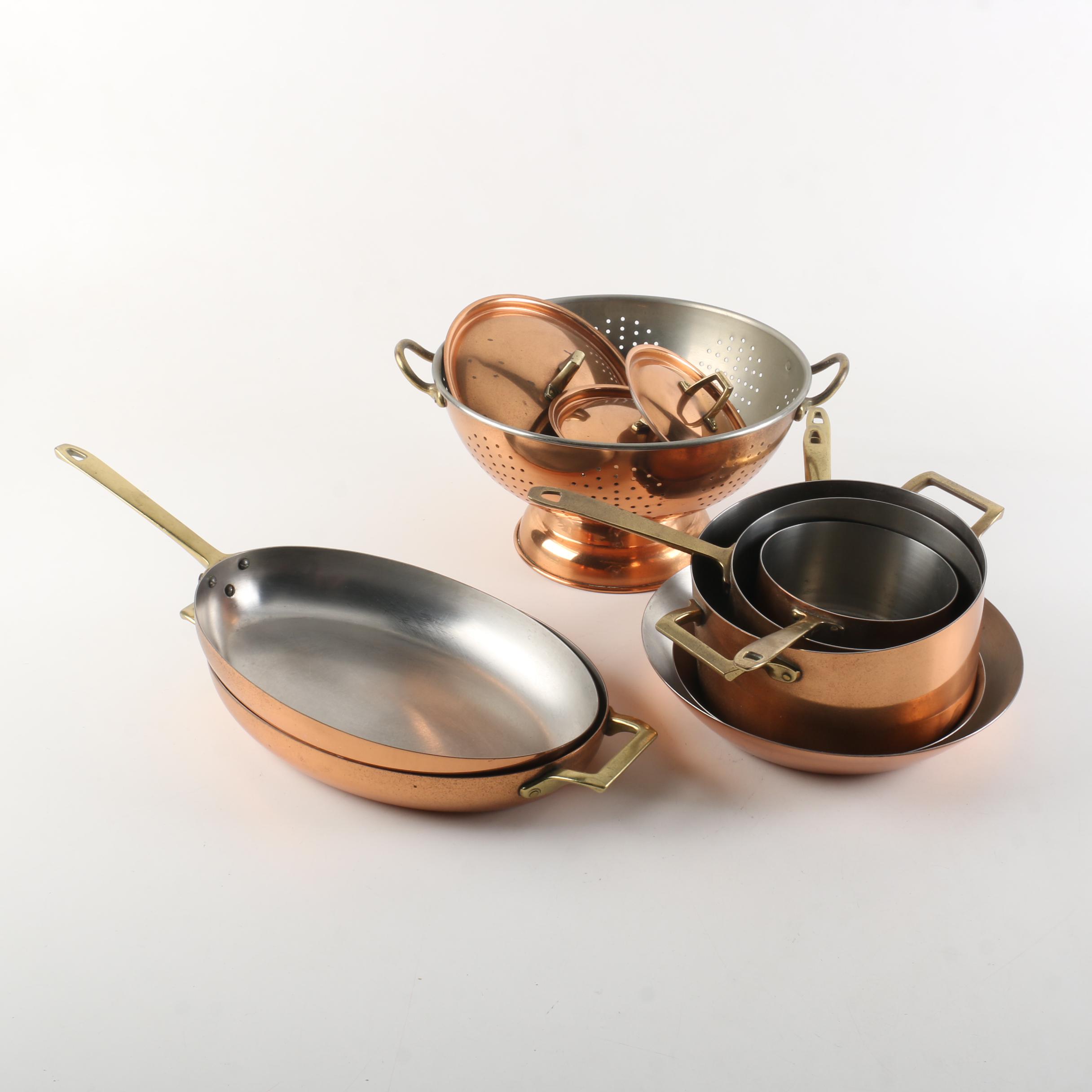 Paul Revere Copper Cookware and Colander with Brass Handles