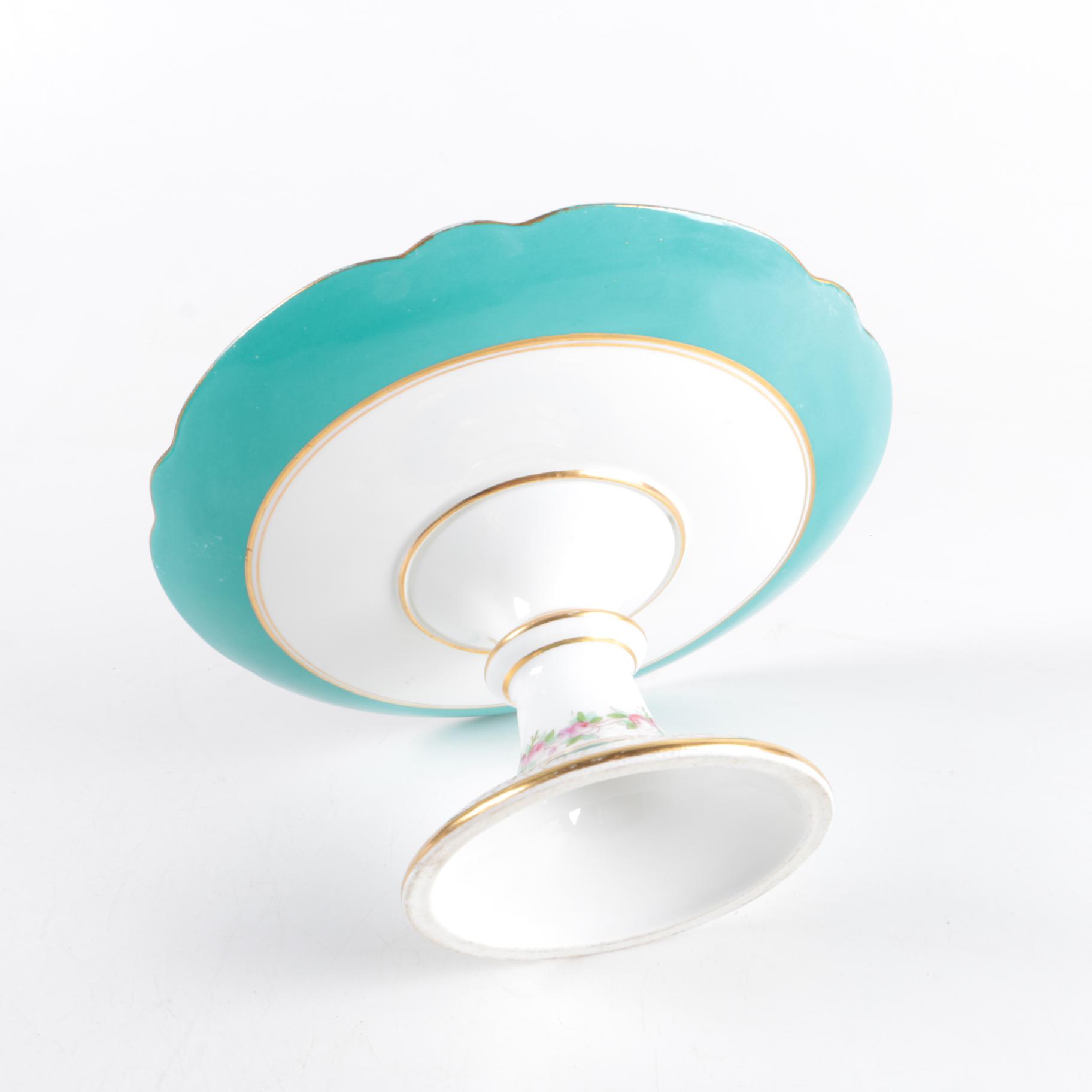 Antique French Porcelain Compote with Pink Rose Wreath Motif