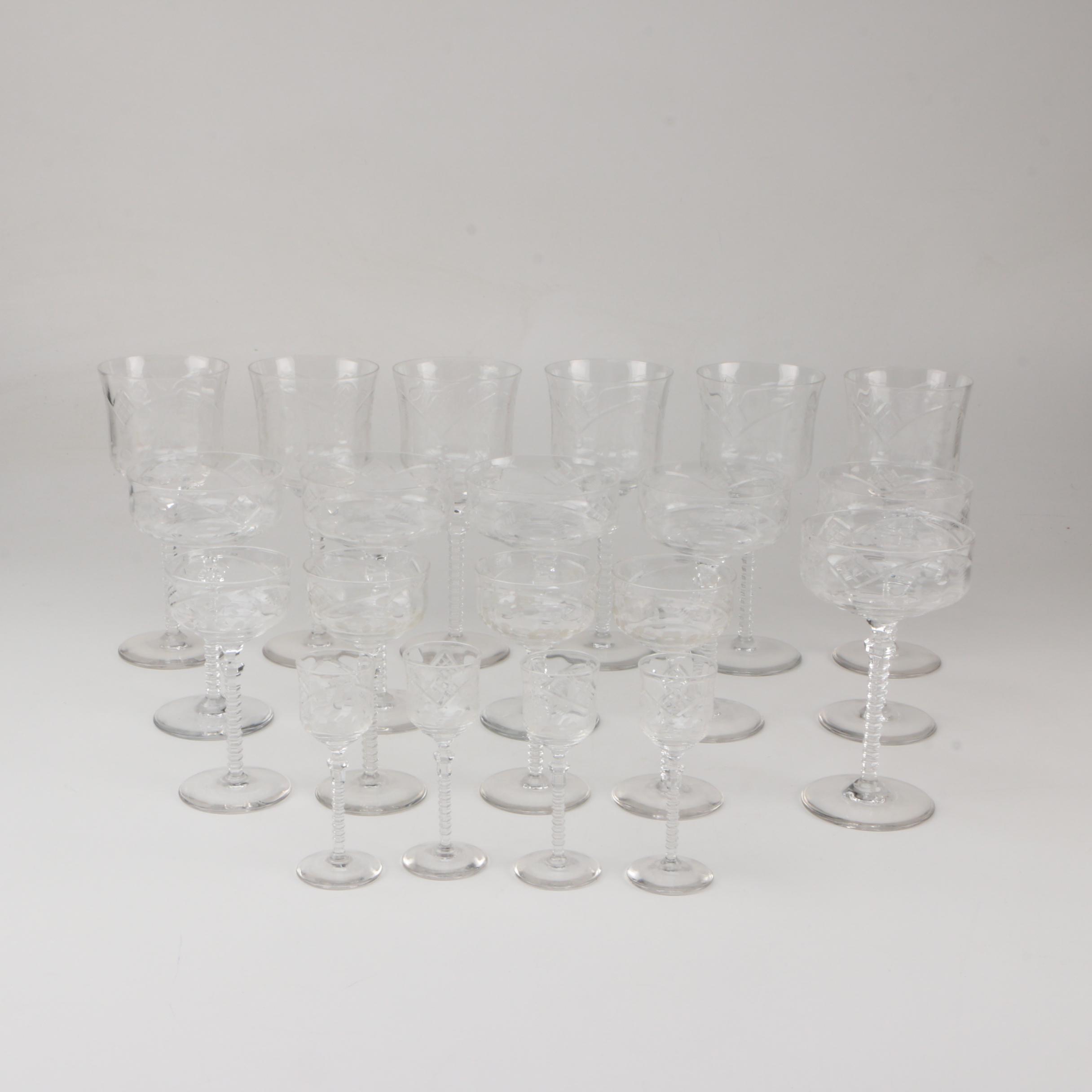 Collection of Vintage Floral Cut and Etched Glass Stemware