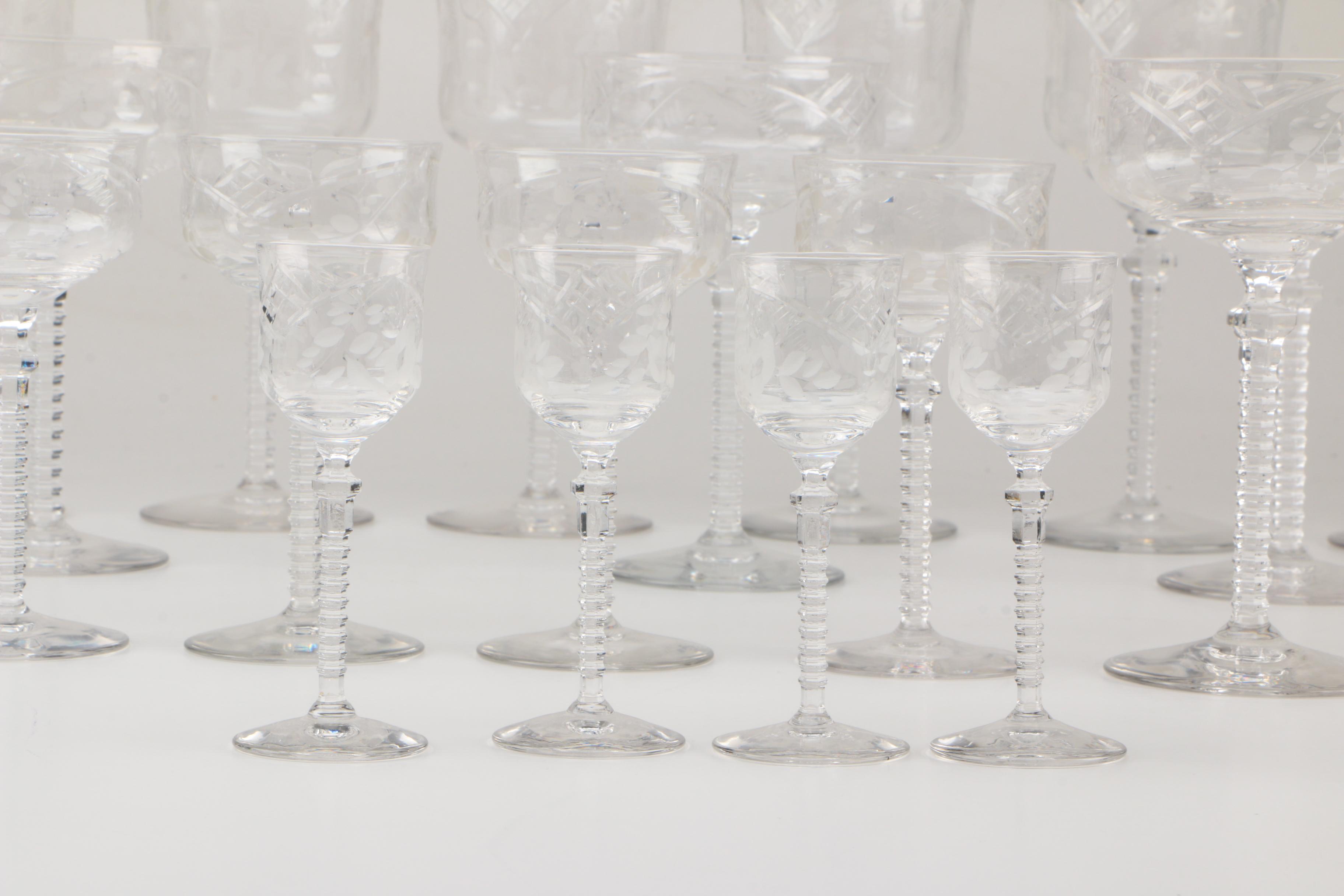Collection of Vintage Floral Cut and Etched Glass Stemware