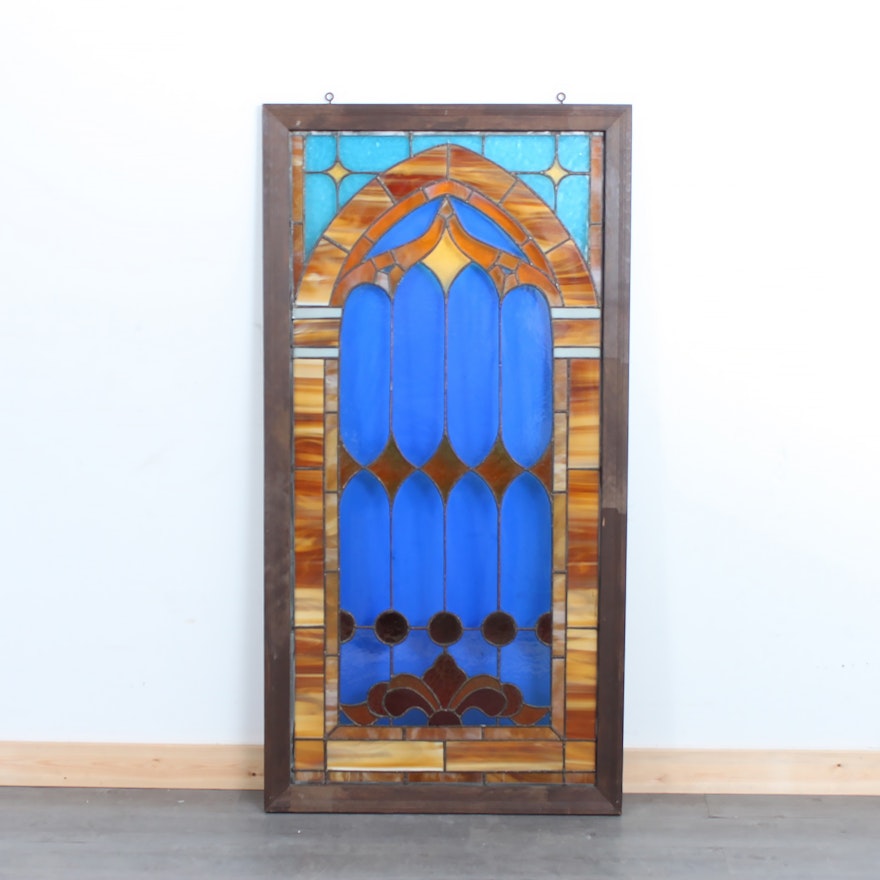 Framed Stained Glass Panel with Gothic Arch Motif