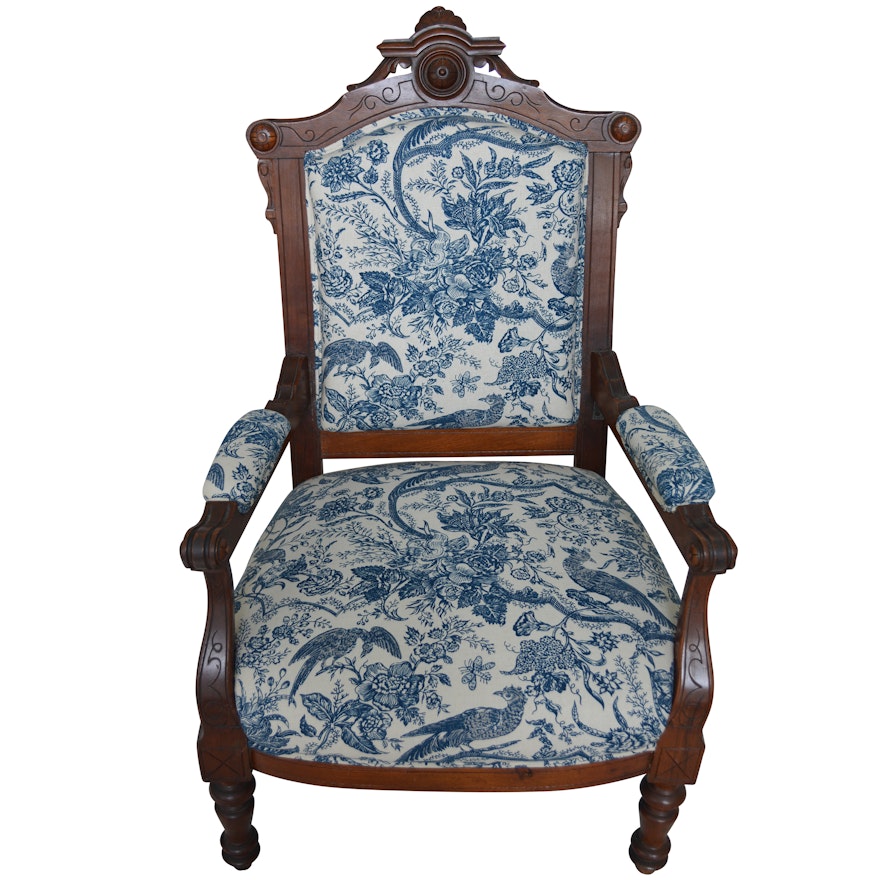 Victorian Renaissance-Revival Armchair in Blue Toile