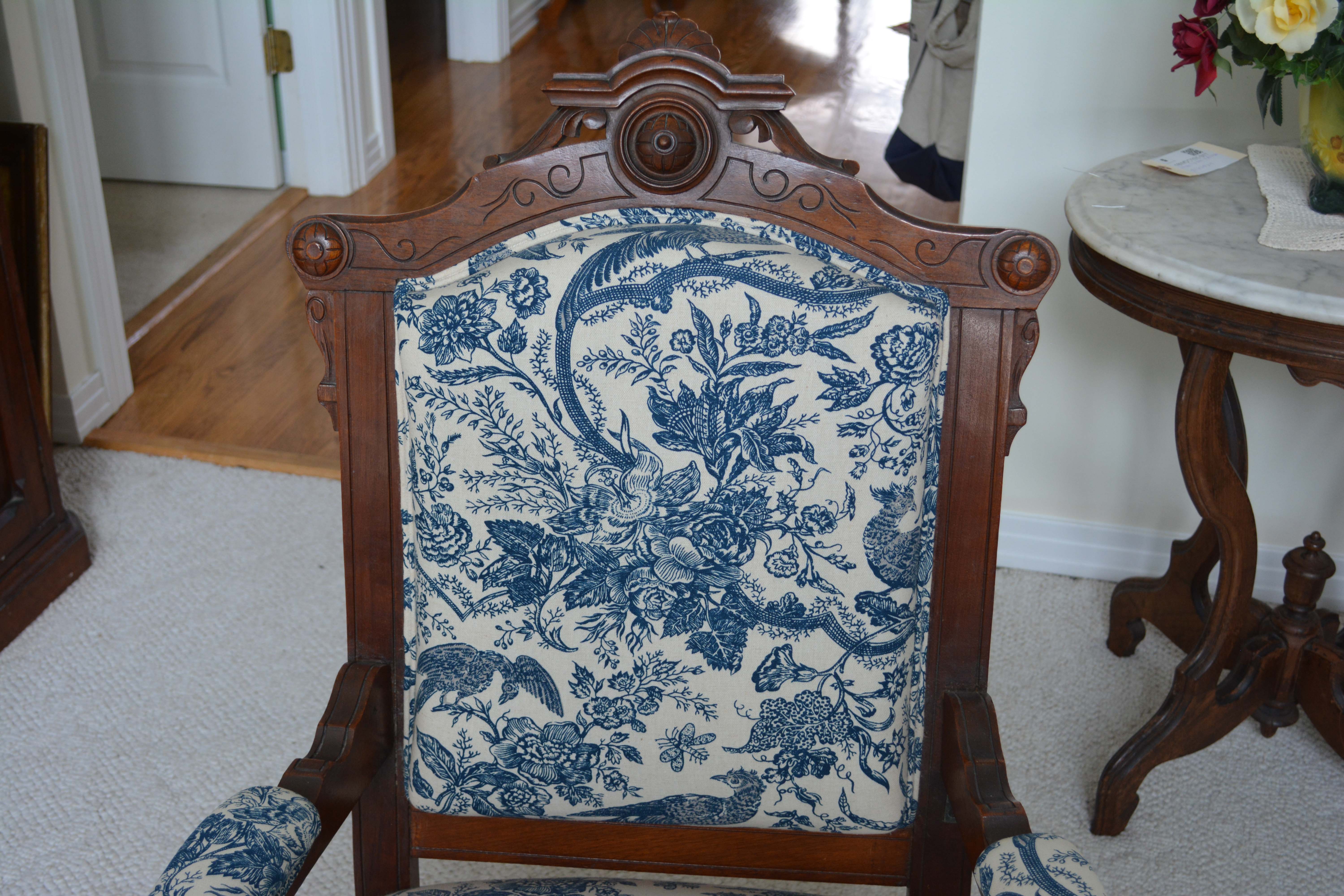 Victorian Renaissance-Revival Armchair in Blue Toile