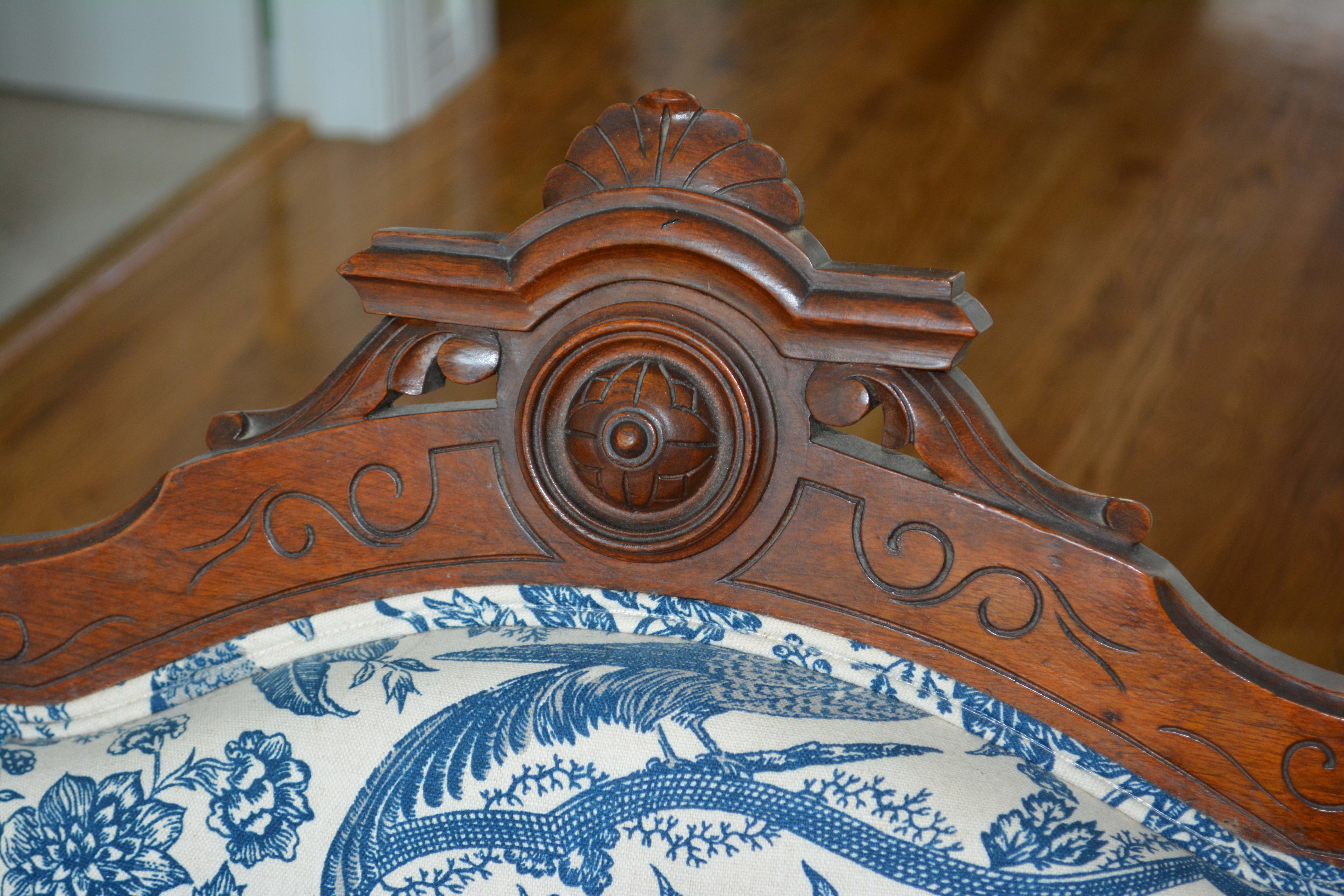 Victorian Renaissance-Revival Armchair in Blue Toile