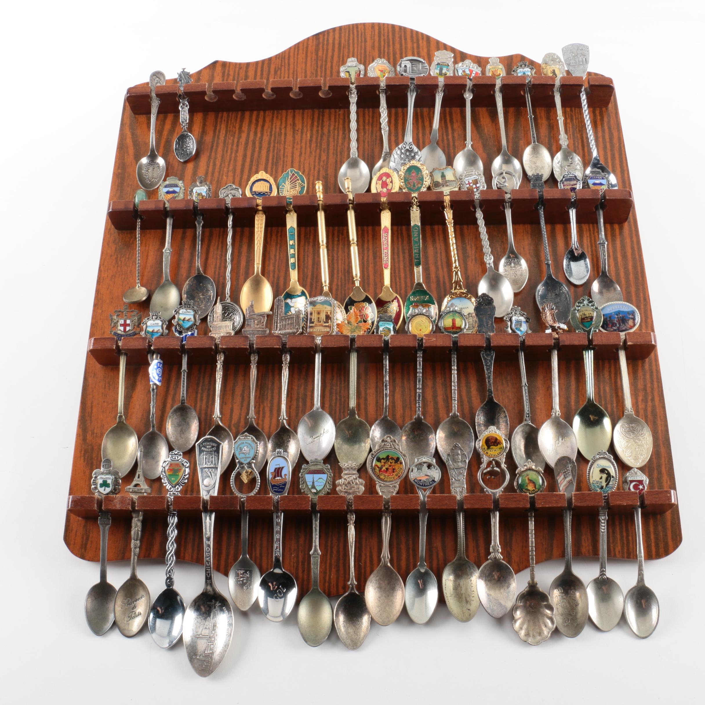 Souvenir Spoon Collection on Wooden Display Including Sterling and 900 Silver