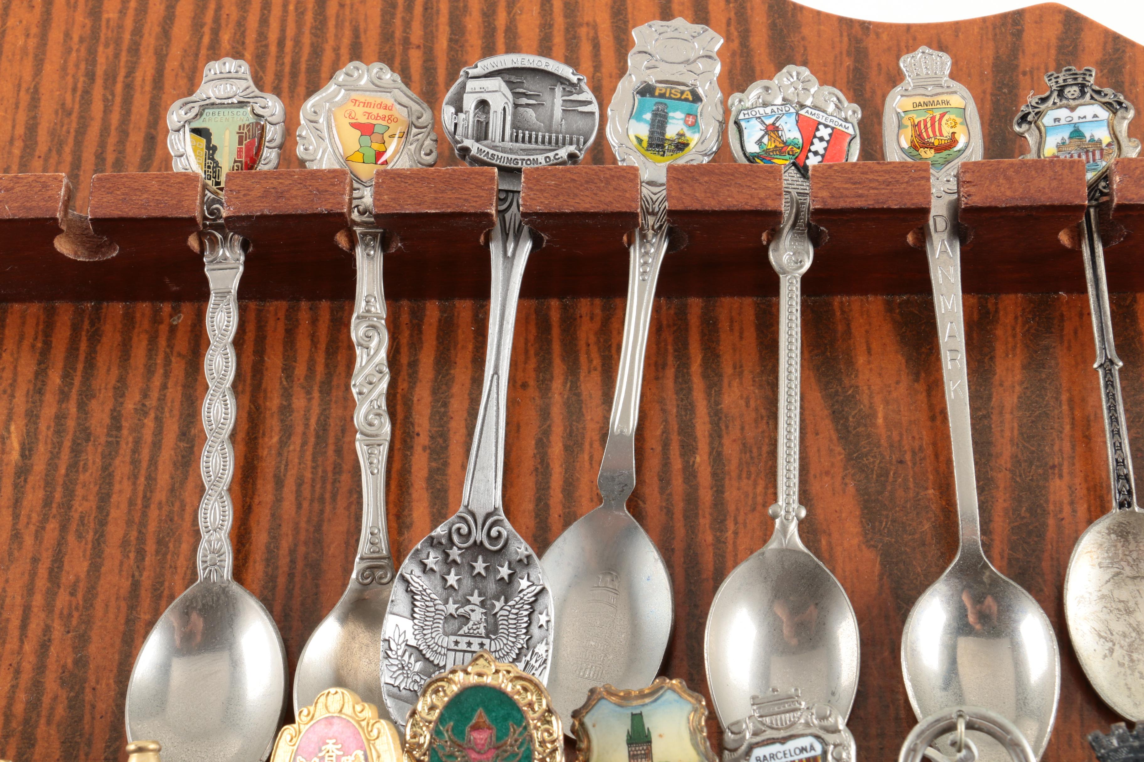 Souvenir Spoon Collection on Wooden Display Including Sterling and 900 Silver