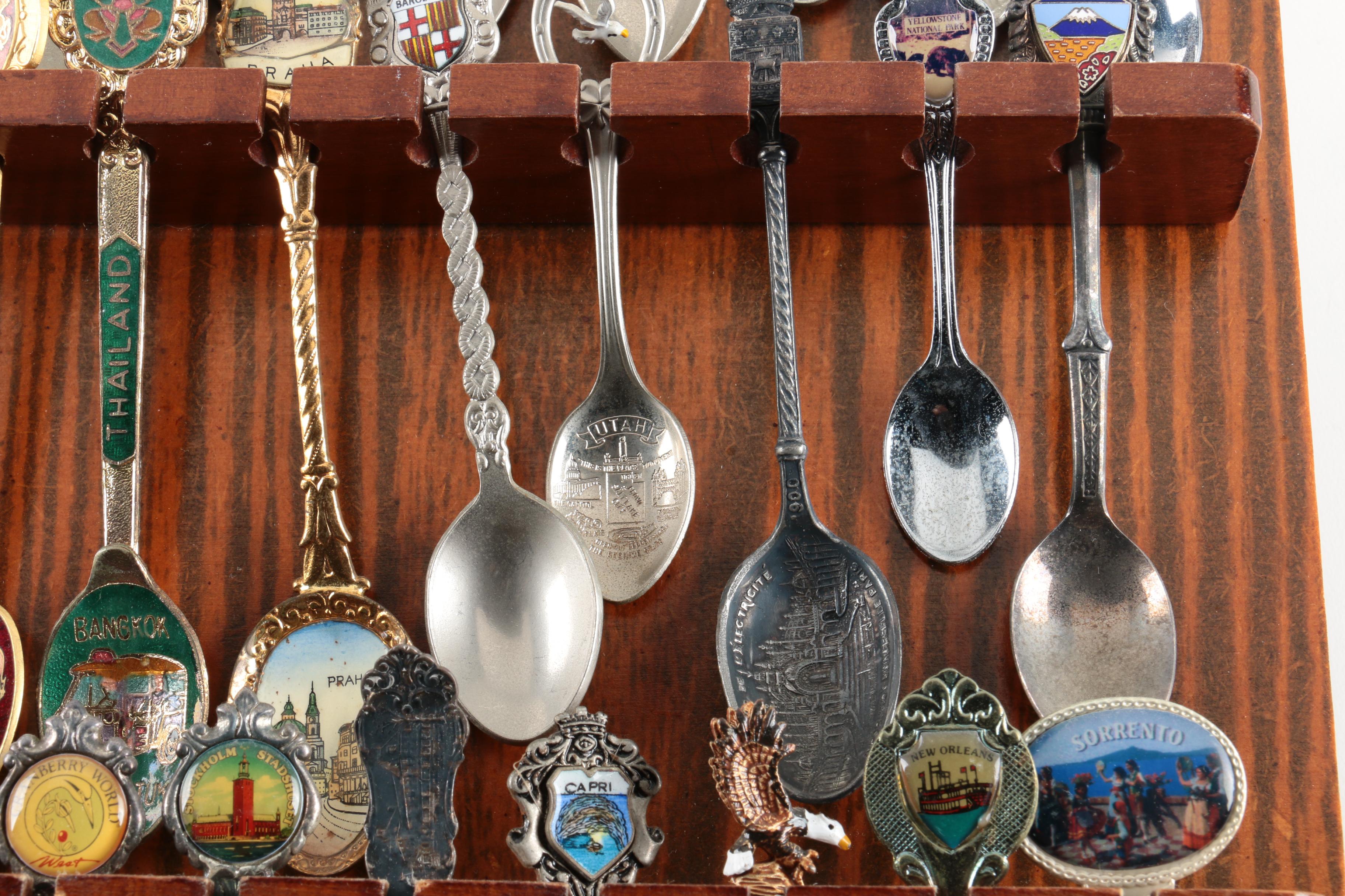 Souvenir Spoon Collection on Wooden Display Including Sterling and 900 Silver