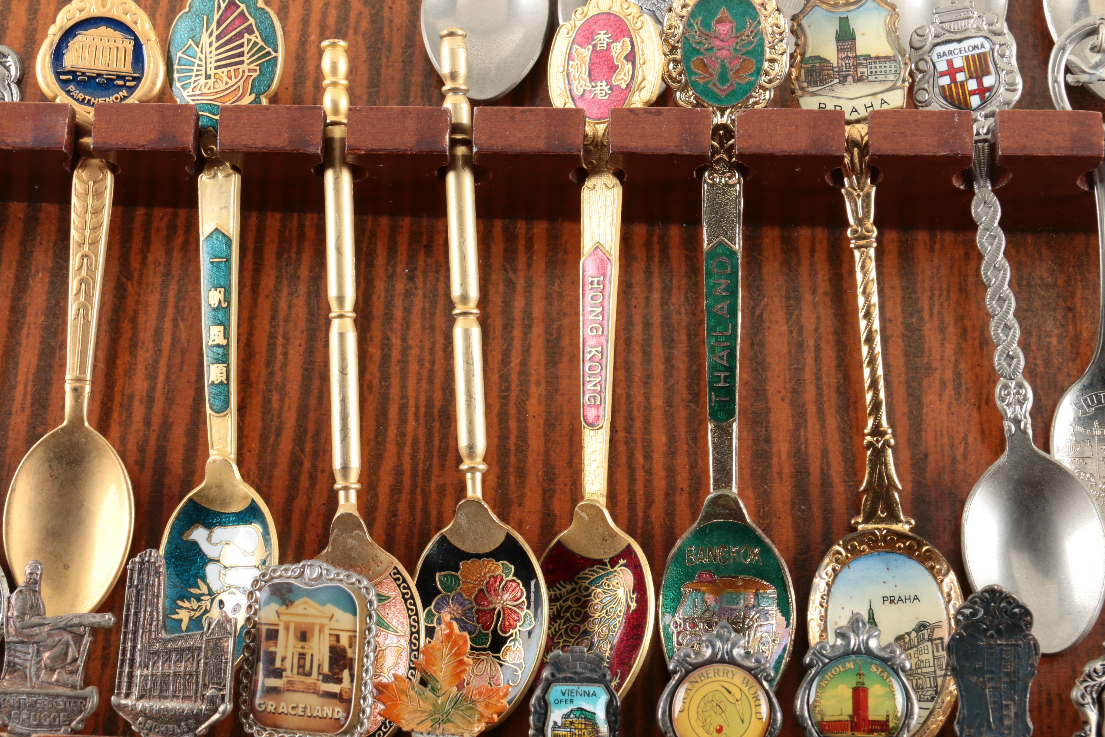 Souvenir Spoon Collection on Wooden Display Including Sterling and 900 Silver