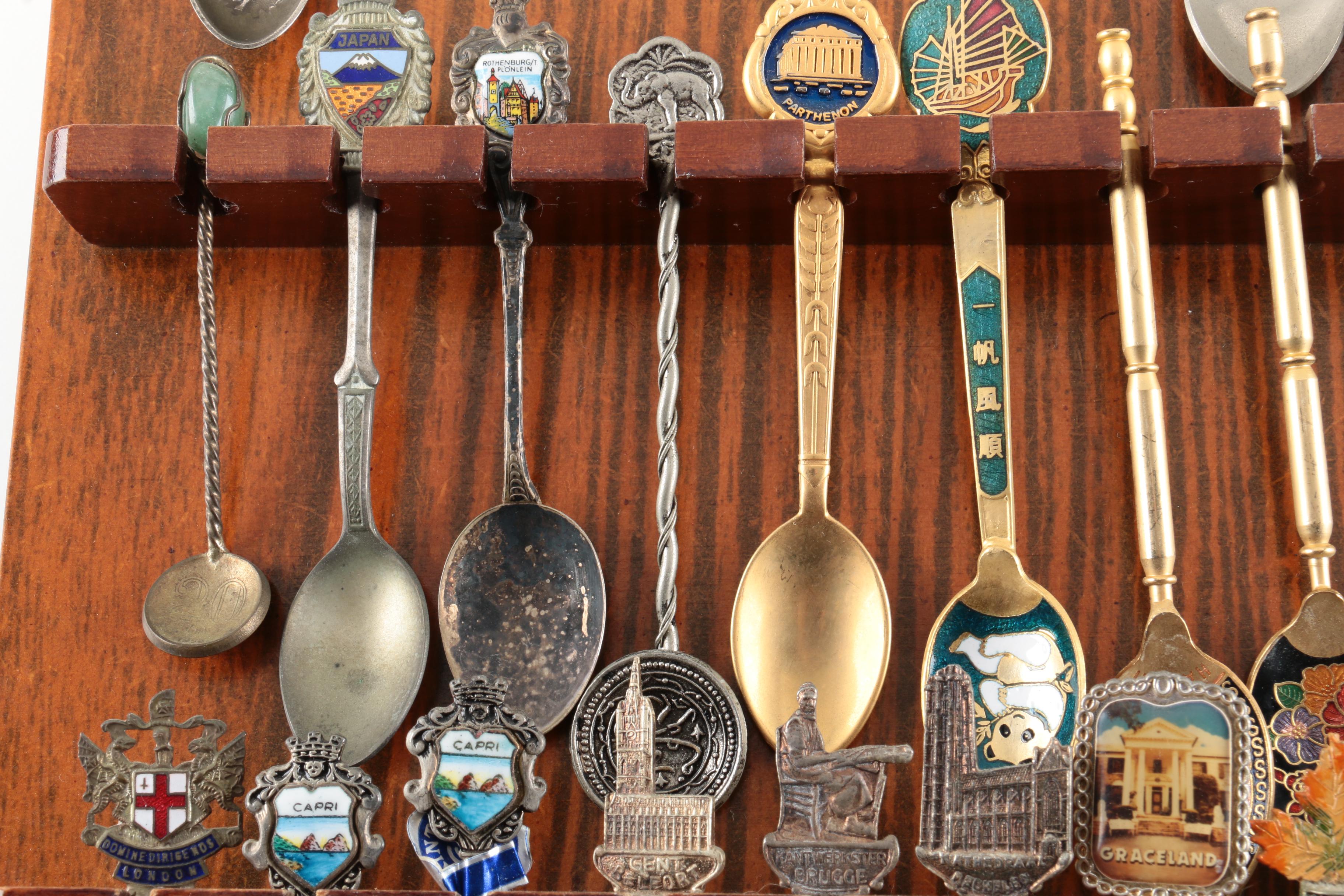 Souvenir Spoon Collection on Wooden Display Including Sterling and 900 Silver