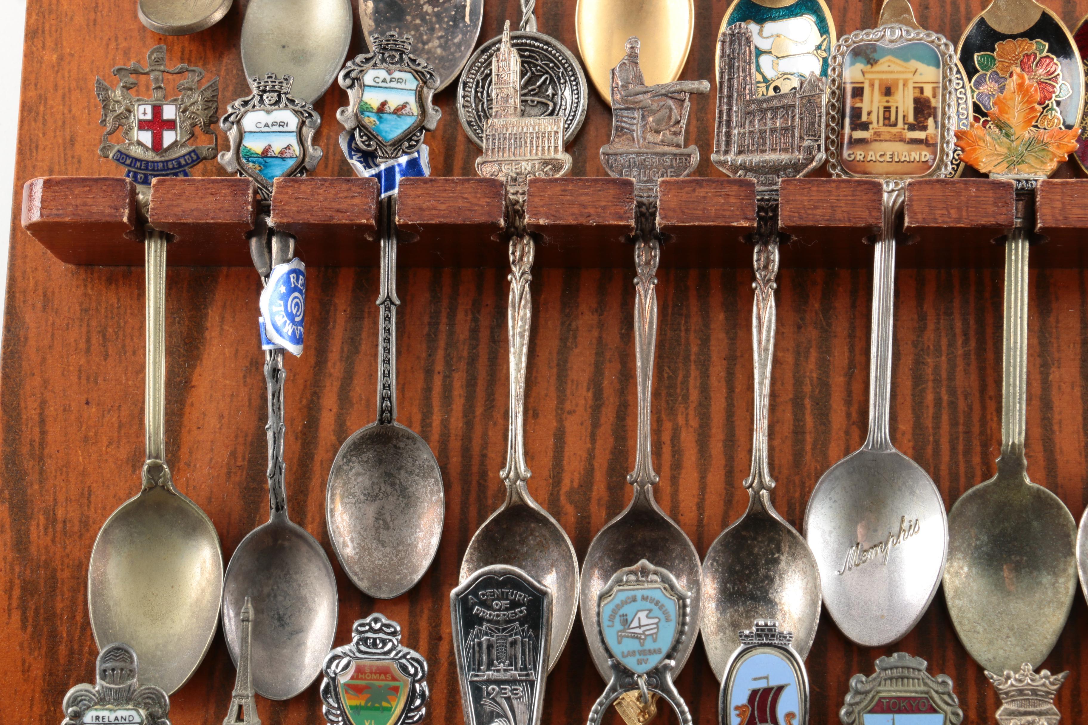 Souvenir Spoon Collection on Wooden Display Including Sterling and 900 Silver