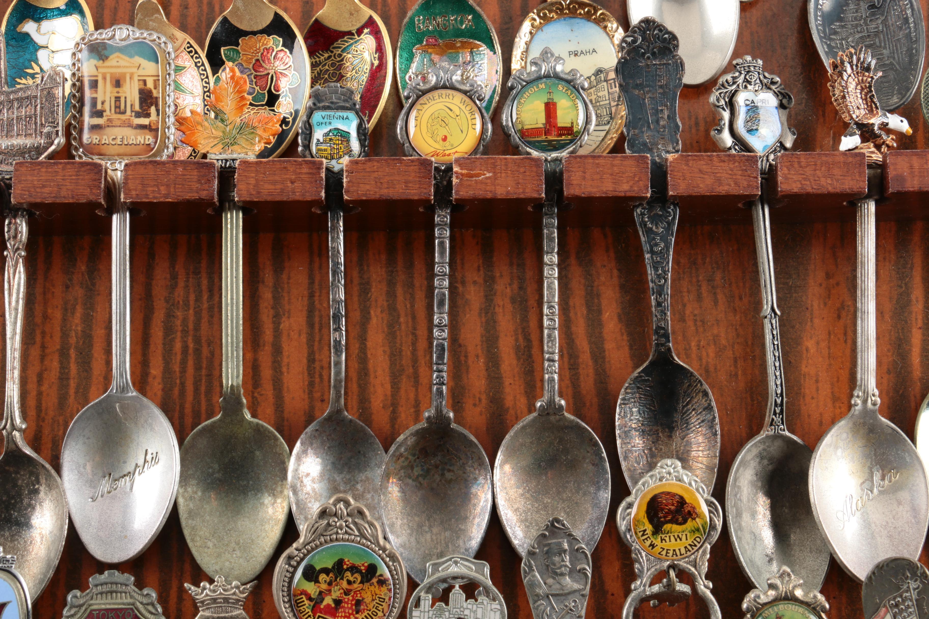 Souvenir Spoon Collection on Wooden Display Including Sterling and 900 Silver