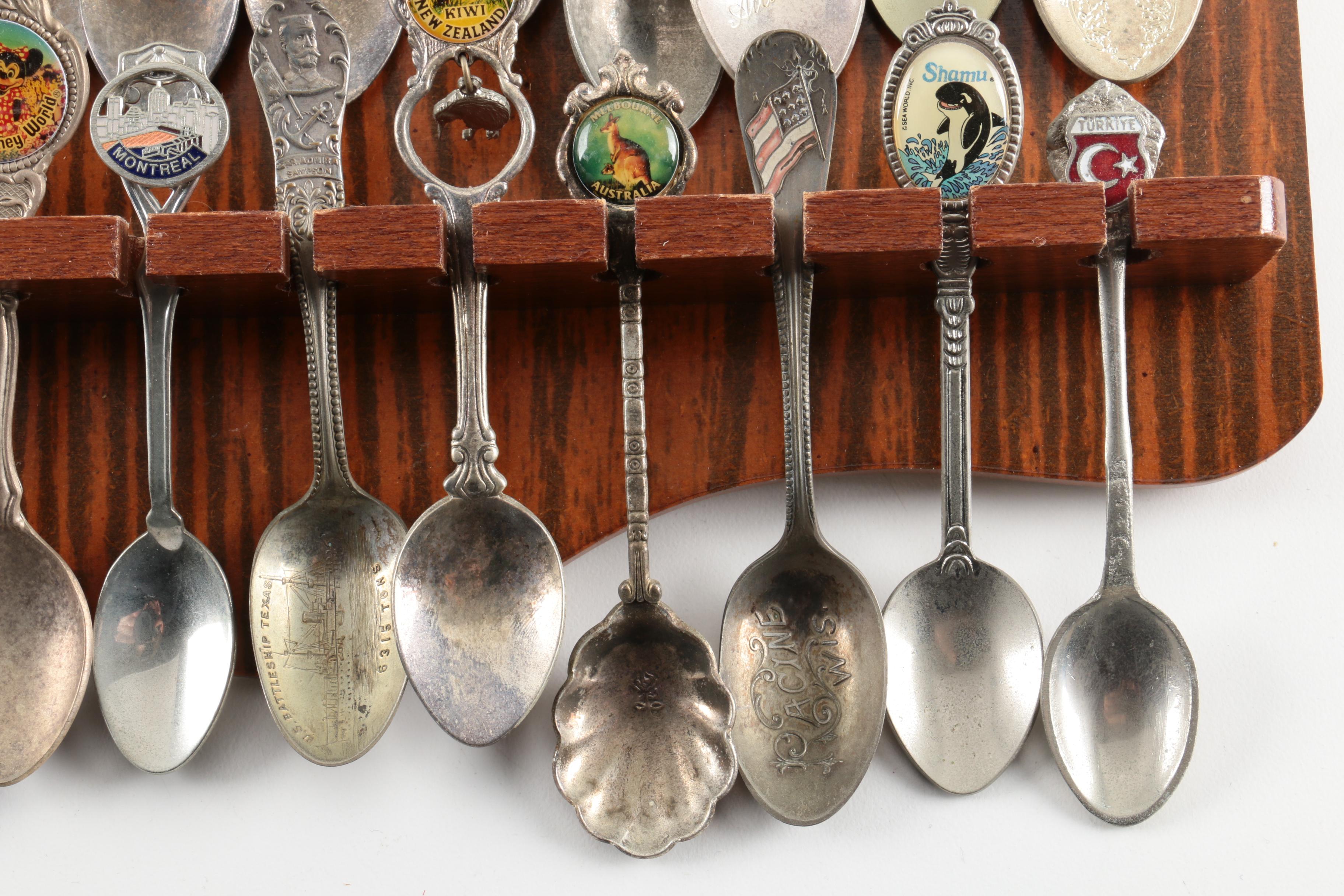 Souvenir Spoon Collection on Wooden Display Including Sterling and 900 Silver