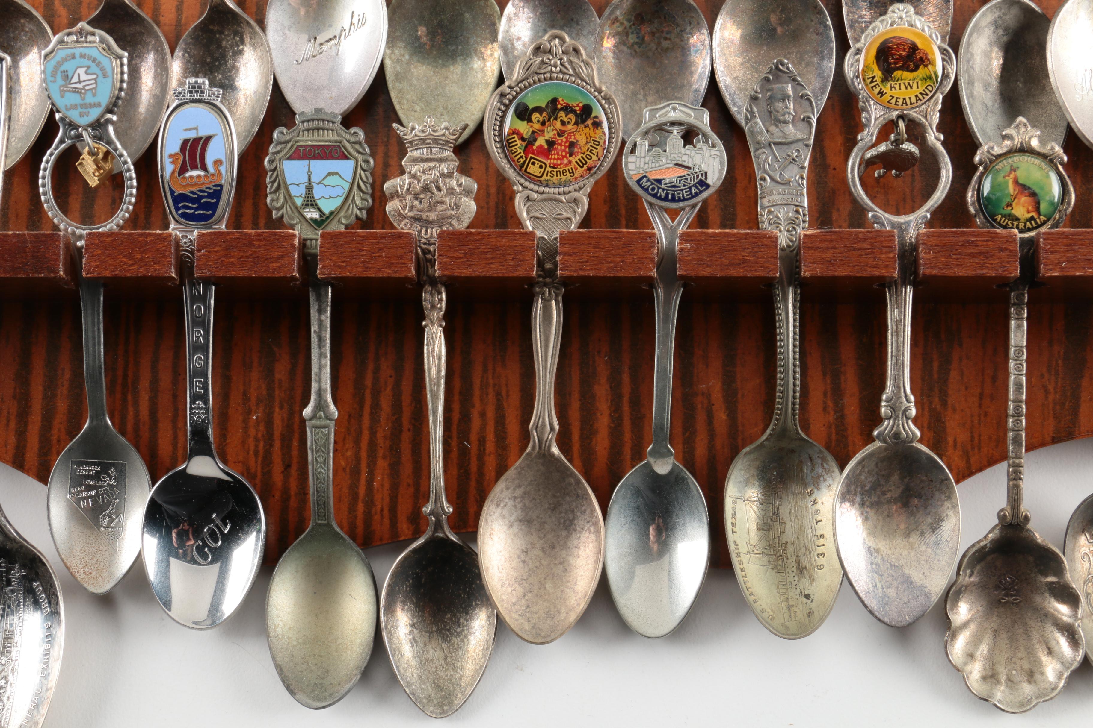 Souvenir Spoon Collection on Wooden Display Including Sterling and 900 Silver