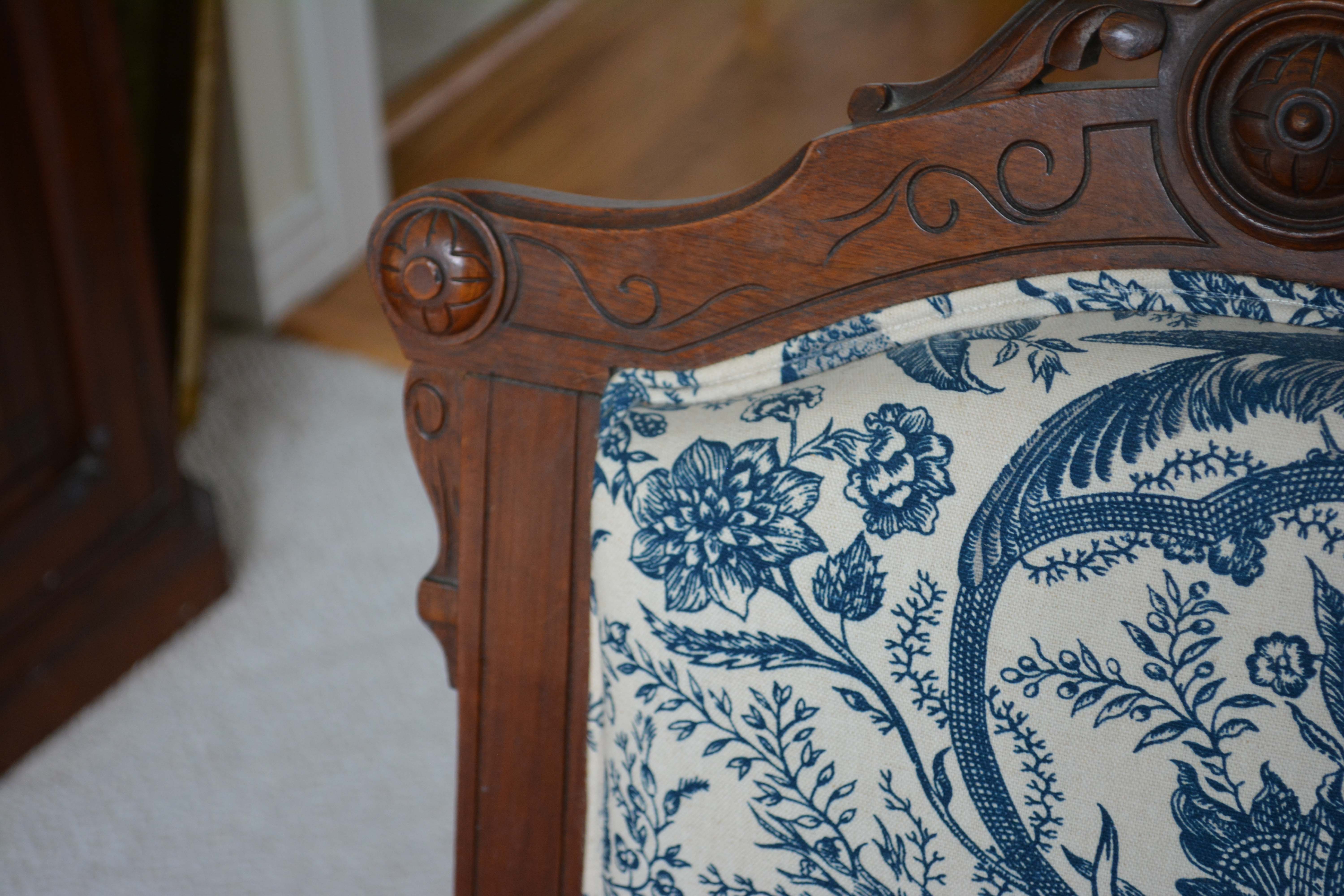 Victorian Renaissance-Revival Armchair in Blue Toile