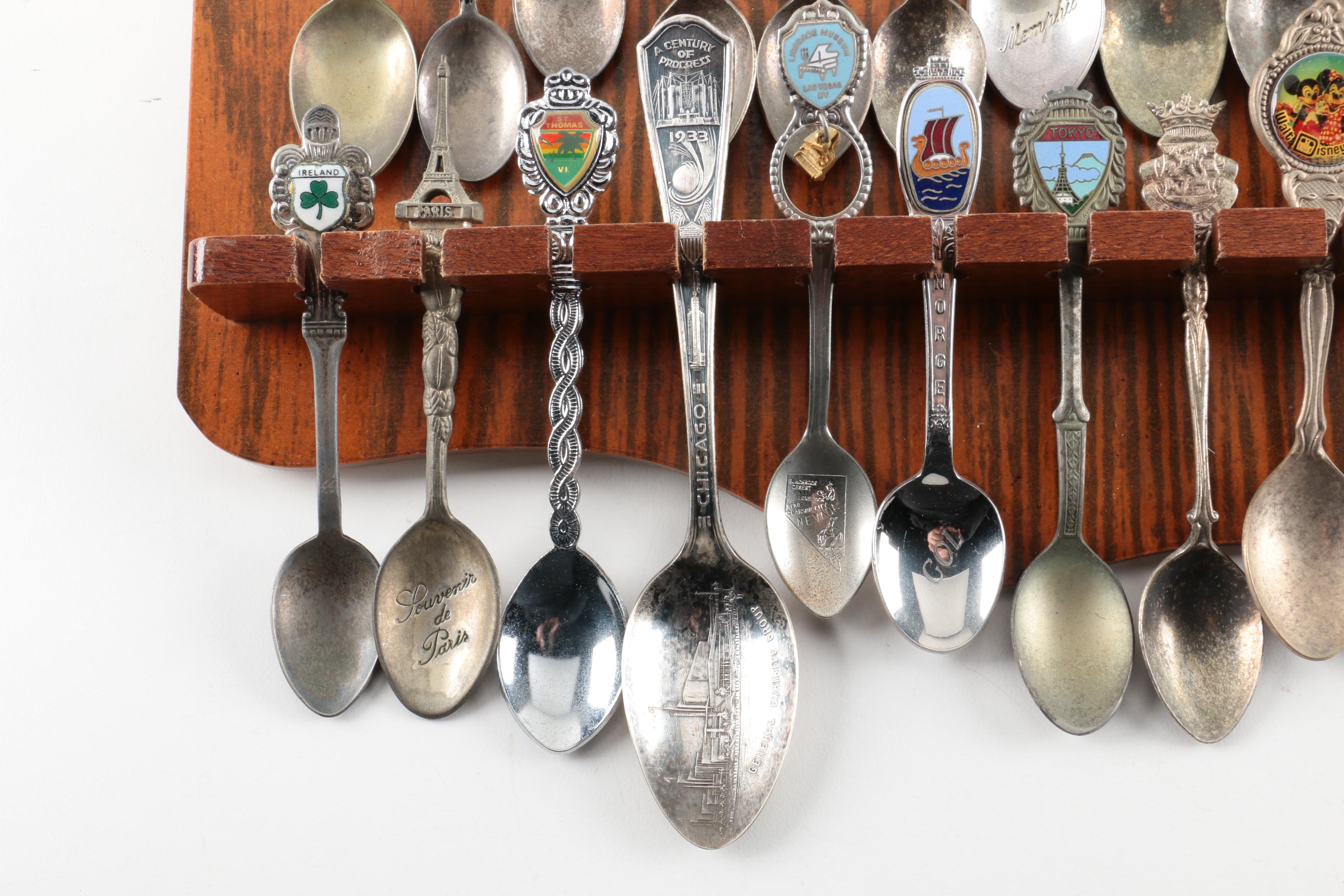 Souvenir Spoon Collection on Wooden Display Including Sterling and 900 Silver