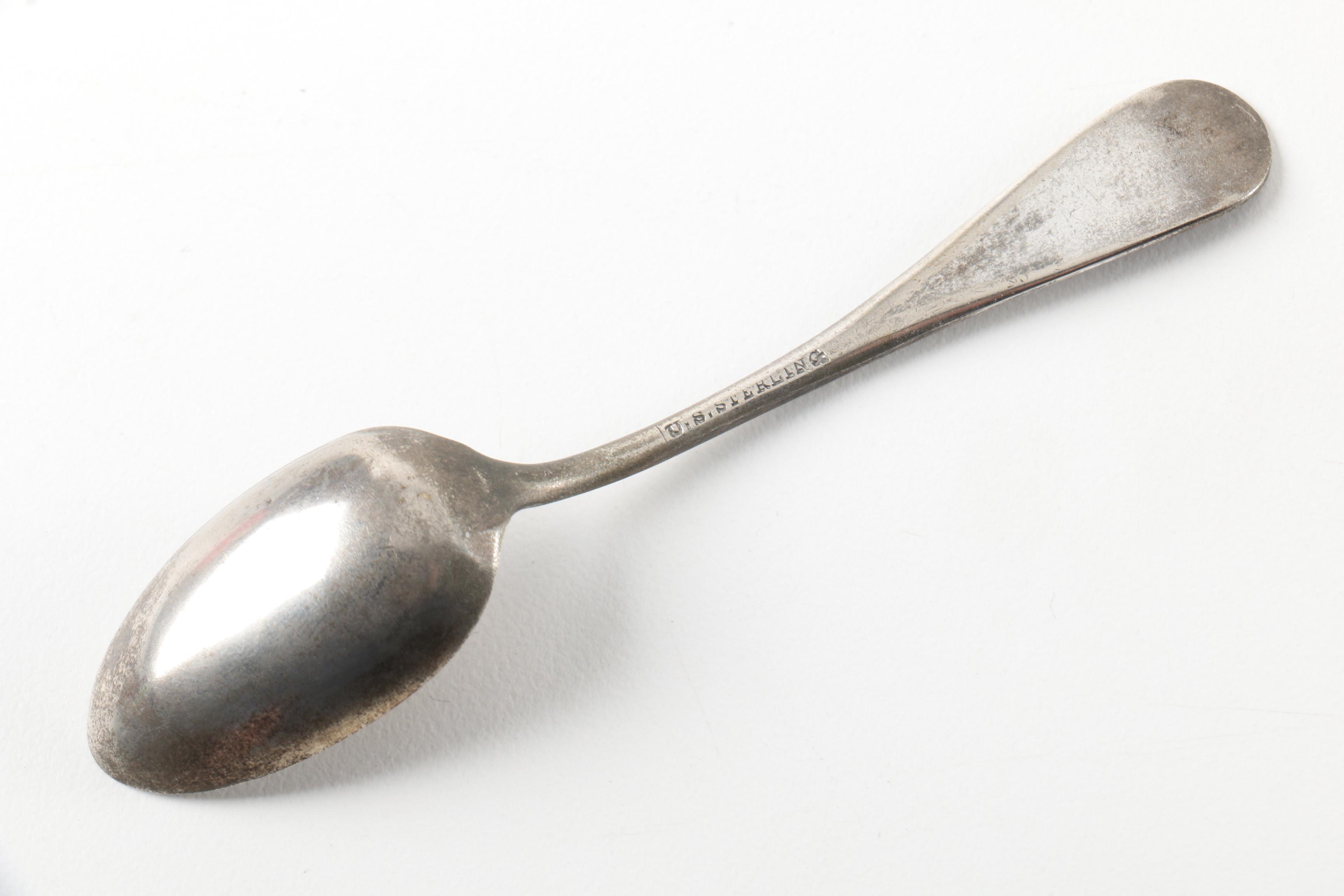 Souvenir Spoon Collection on Wooden Display Including Sterling and 900 Silver