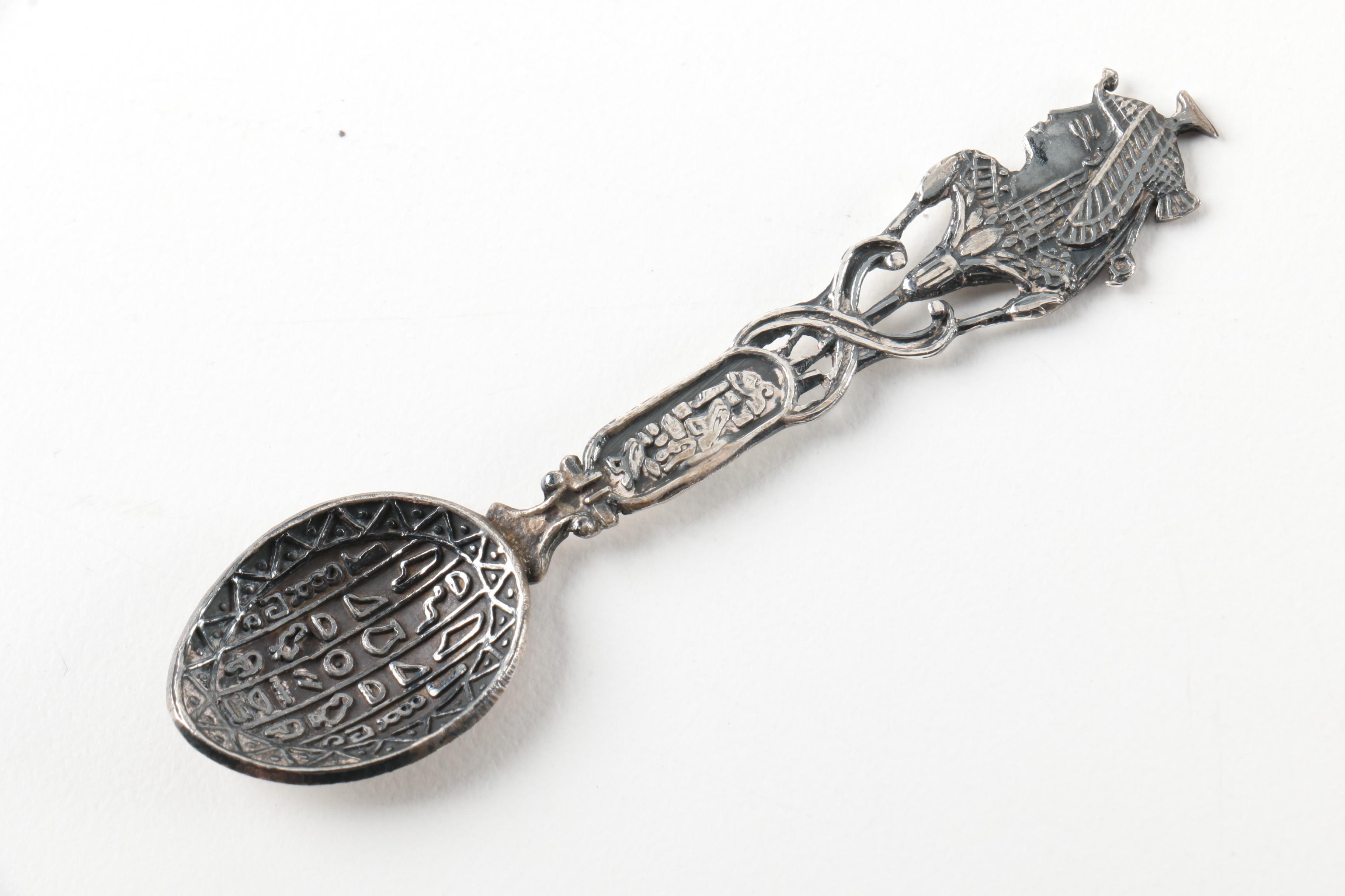 Souvenir Spoon Collection on Wooden Display Including Sterling and 900 Silver